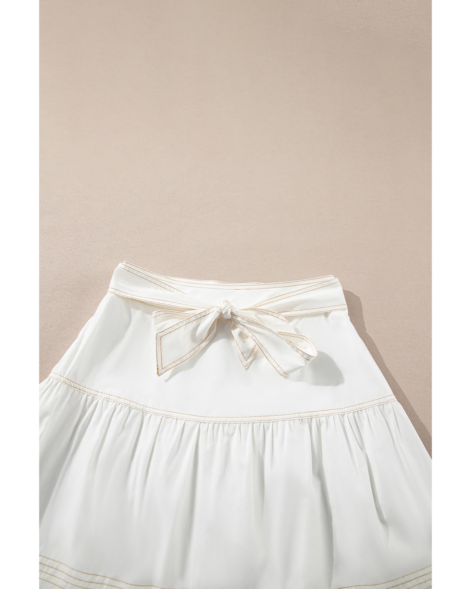 White Contrast Stitching Trim Knotted High Waist A-Line Mini Skirt - L 5