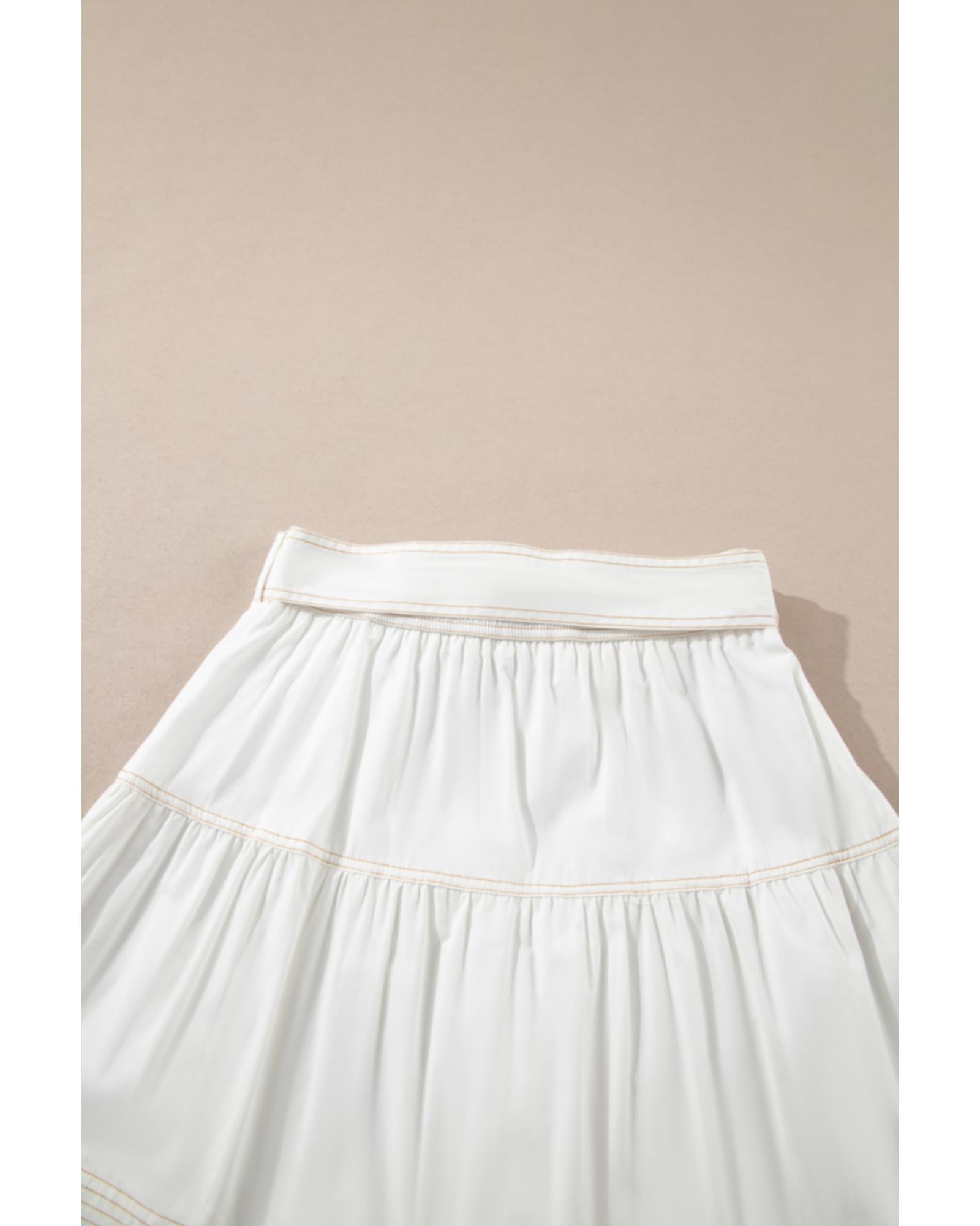 White Contrast Stitching Trim Knotted High Waist A-Line Mini Skirt - L 8