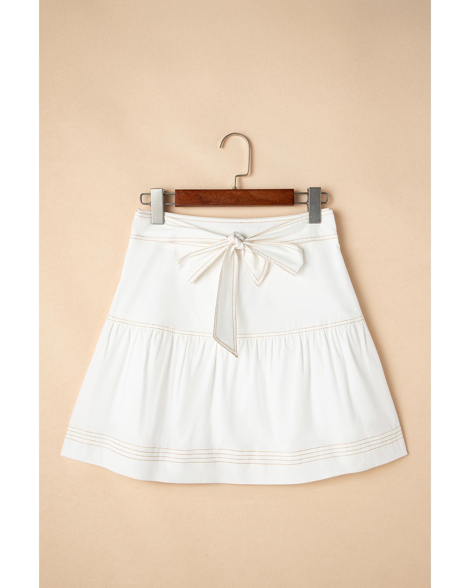 White Contrast Stitching Trim Knotted High Waist A-Line Mini Skirt - M 3