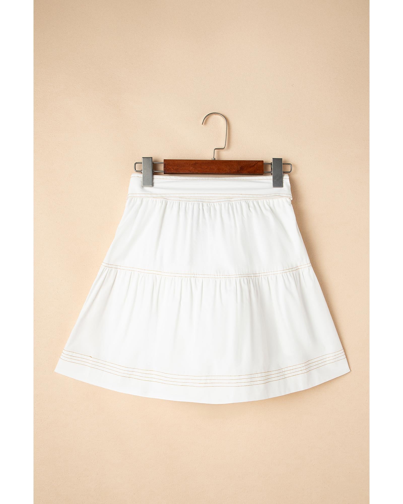 White Contrast Stitching Trim Knotted High Waist A-Line Mini Skirt - S 4