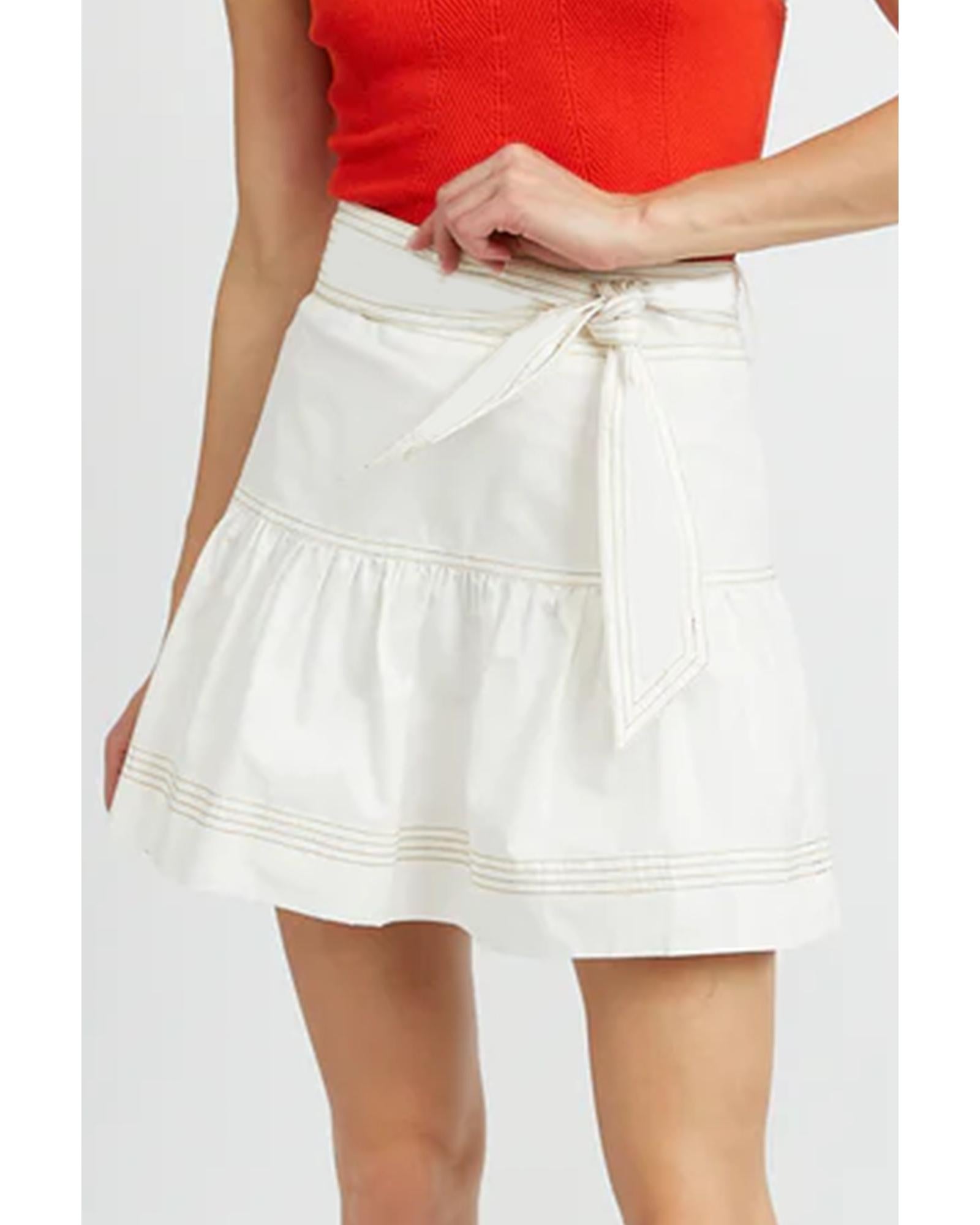 White Contrast Stitching Trim Knotted High Waist A-Line Mini Skirt - XL