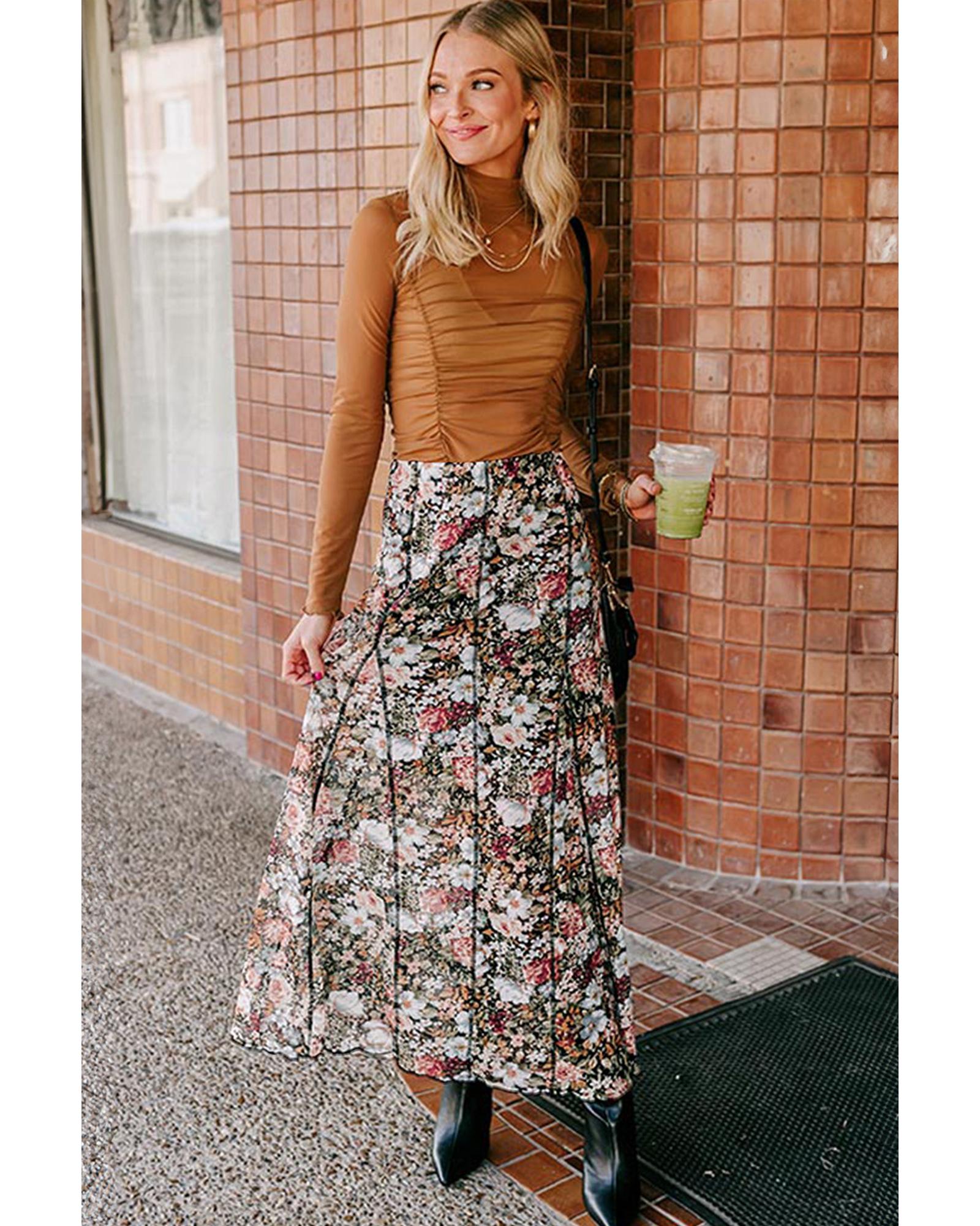 Brown Floral Print High Waist Maxi Skirt - S