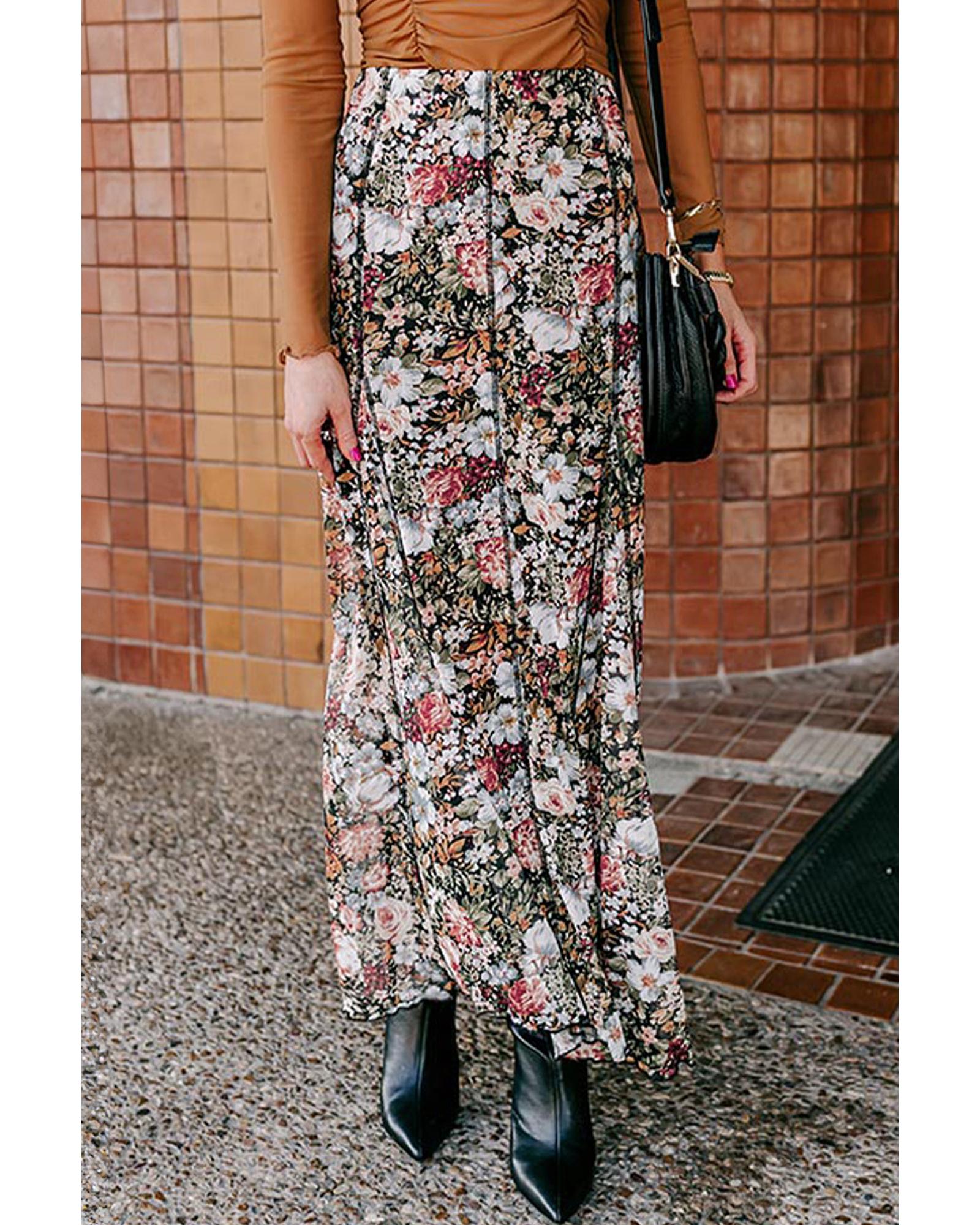 Brown Floral Print High Waist Maxi Skirt - XL