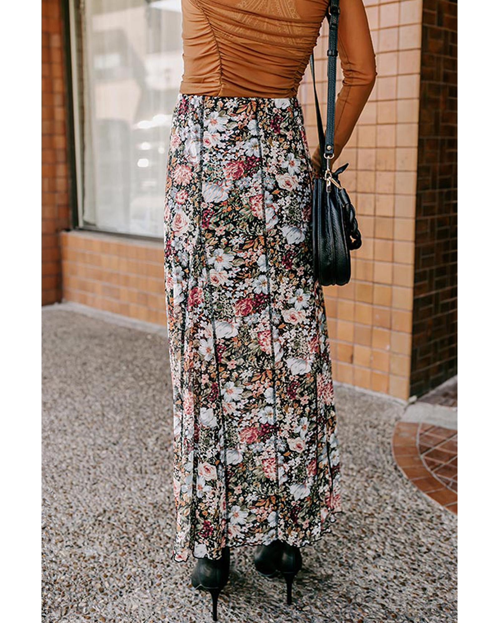 Brown Floral Print High Waist Maxi Skirt - XL 4