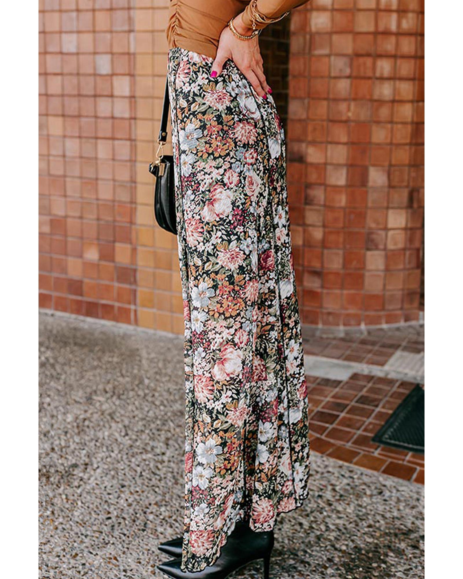 Brown Floral Print High Waist Maxi Skirt - XL 6