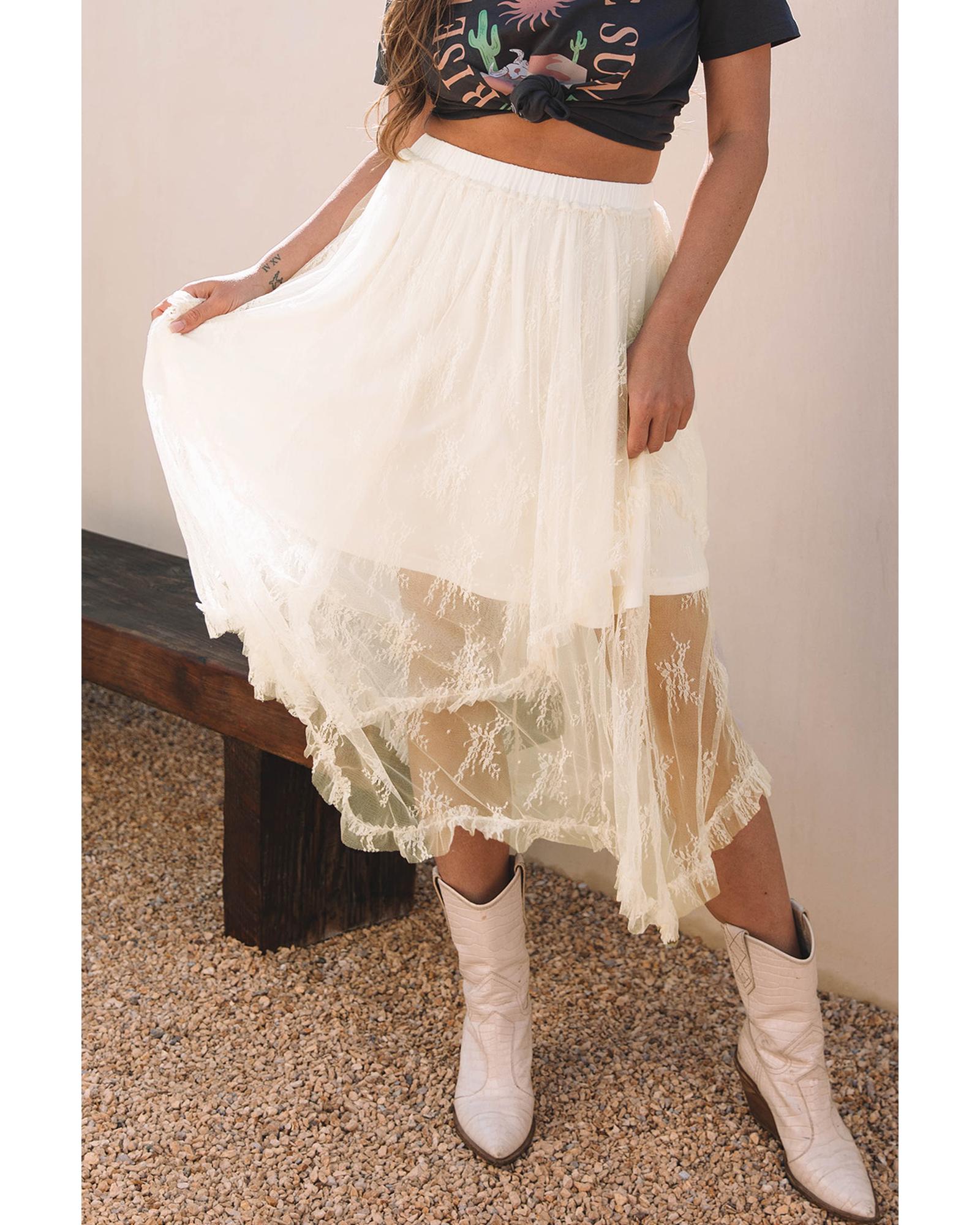 Beige Lace Cascading Tiered High Waist Maxi Skirt - XL 7