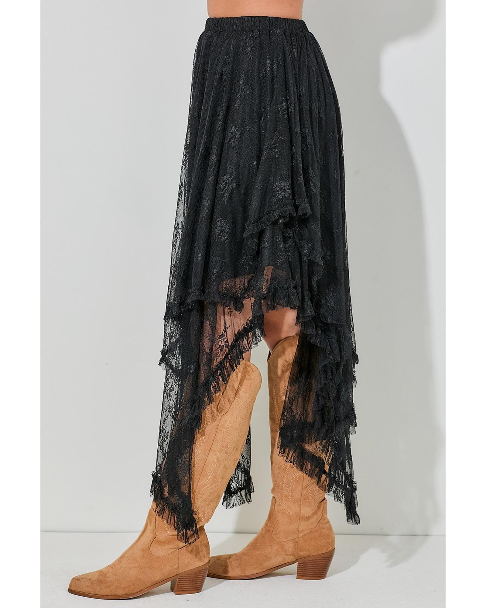 Black Lace Cascading Tiered High Waist Maxi Skirt - L 4