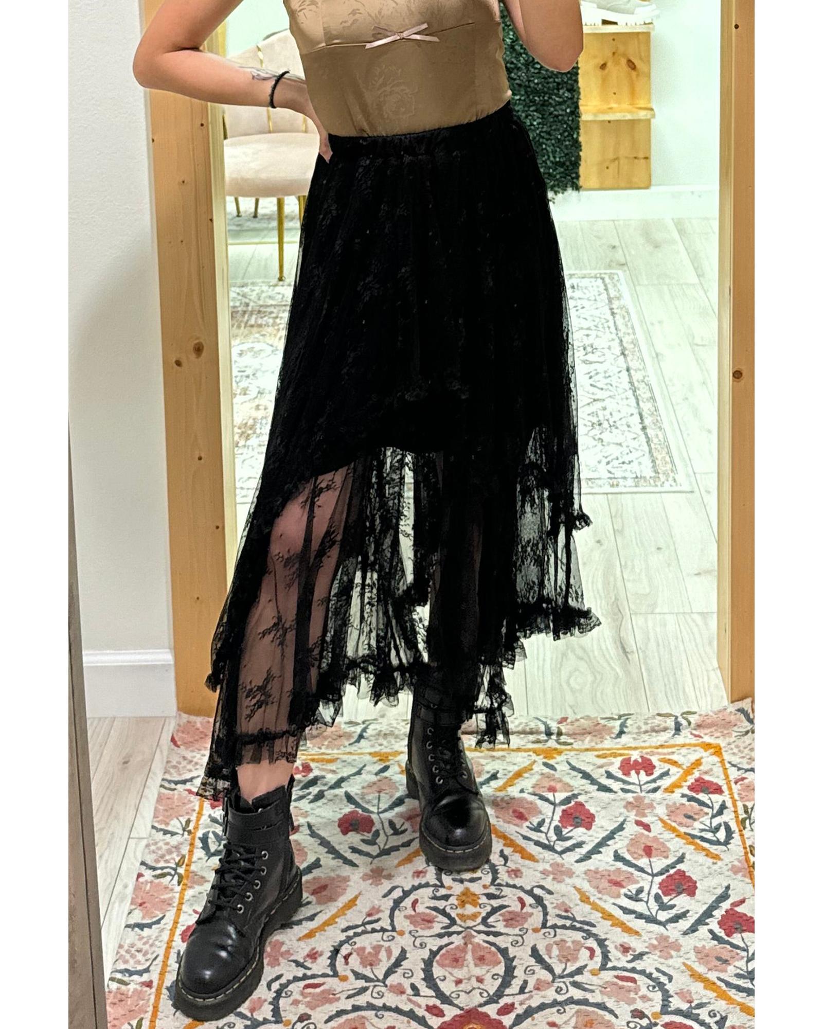 Black Lace Cascading Tiered High Waist Maxi Skirt - L 5