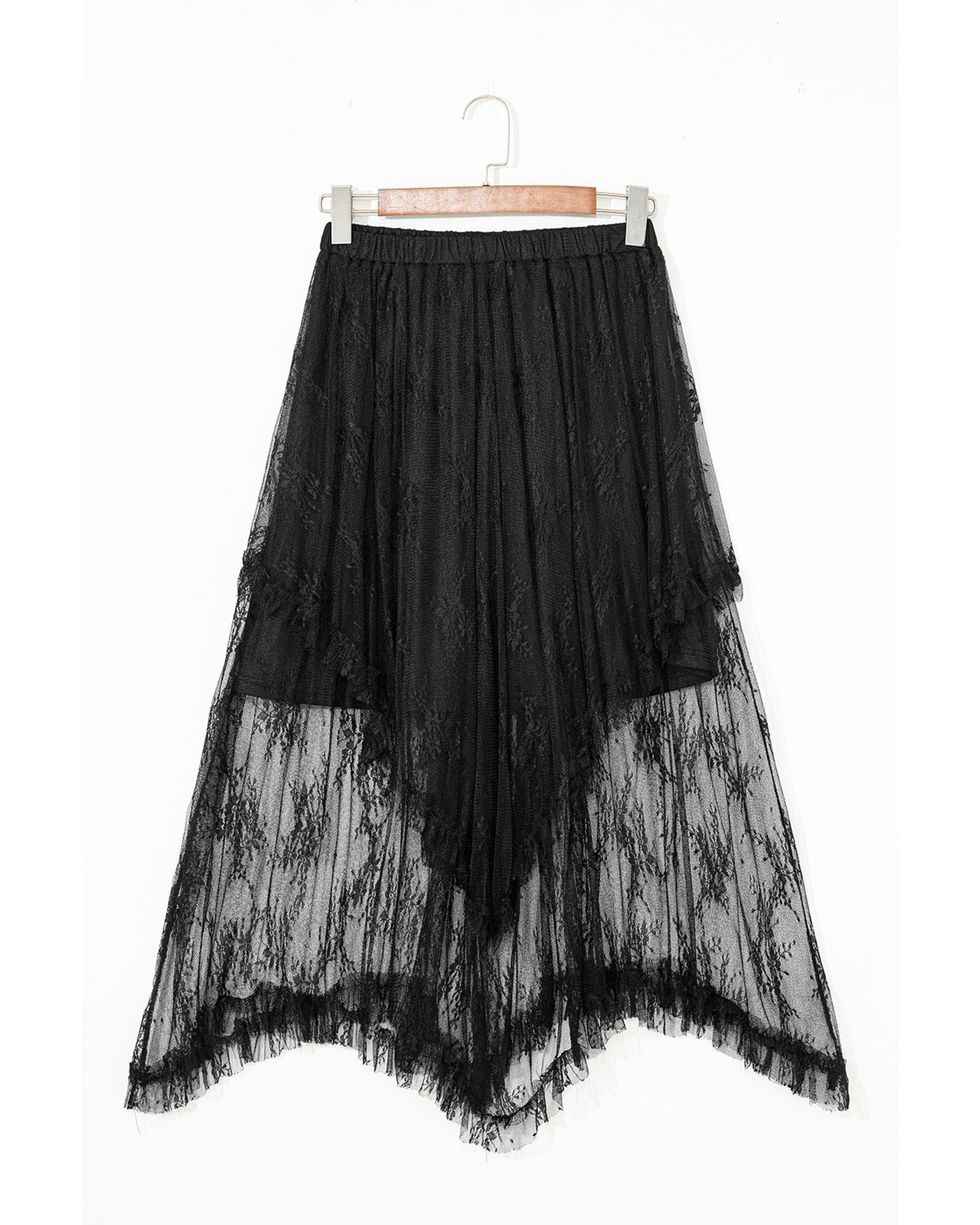 Black Lace Cascading Tiered High Waist Maxi Skirt - L 6