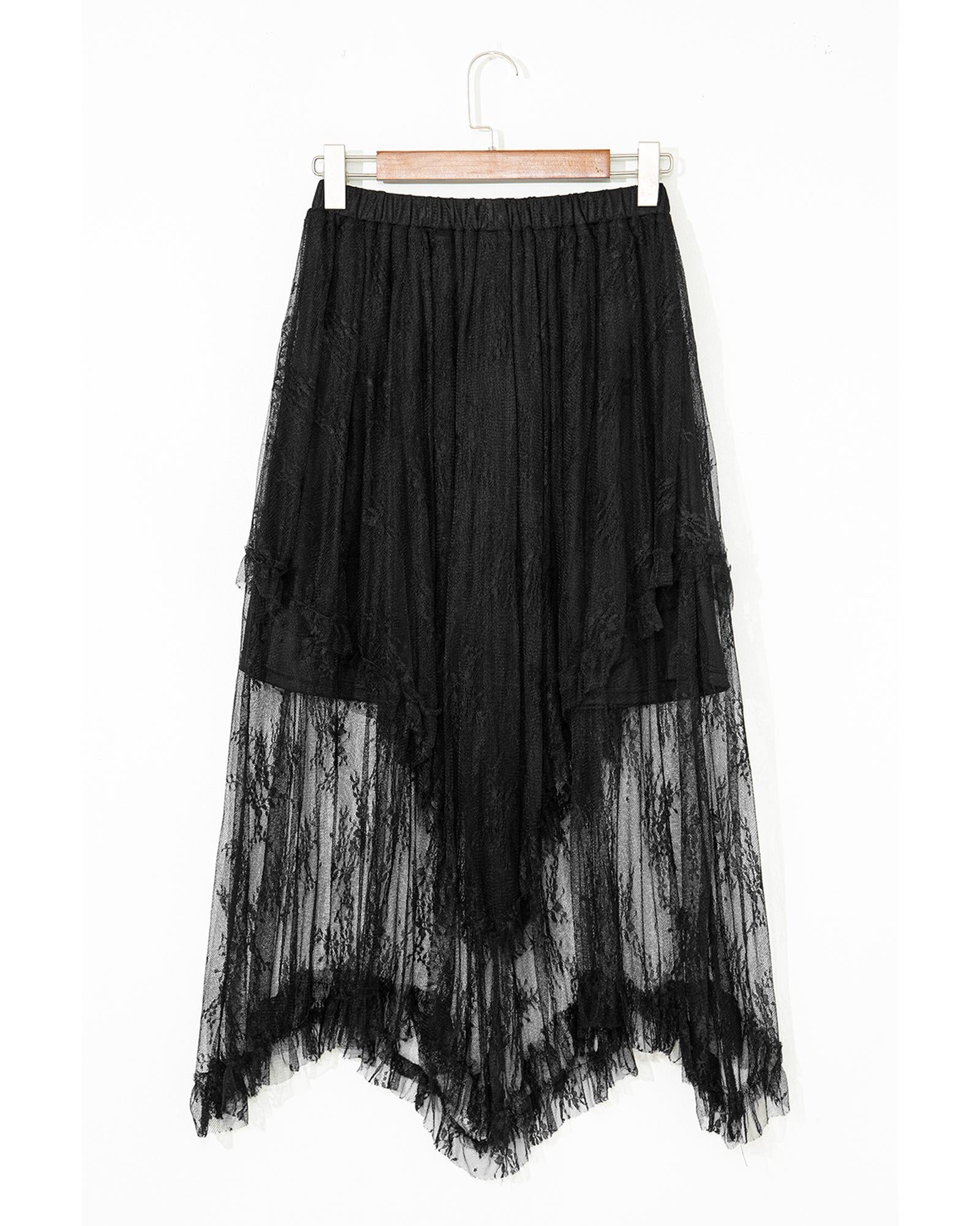 Black Lace Cascading Tiered High Waist Maxi Skirt - L 7
