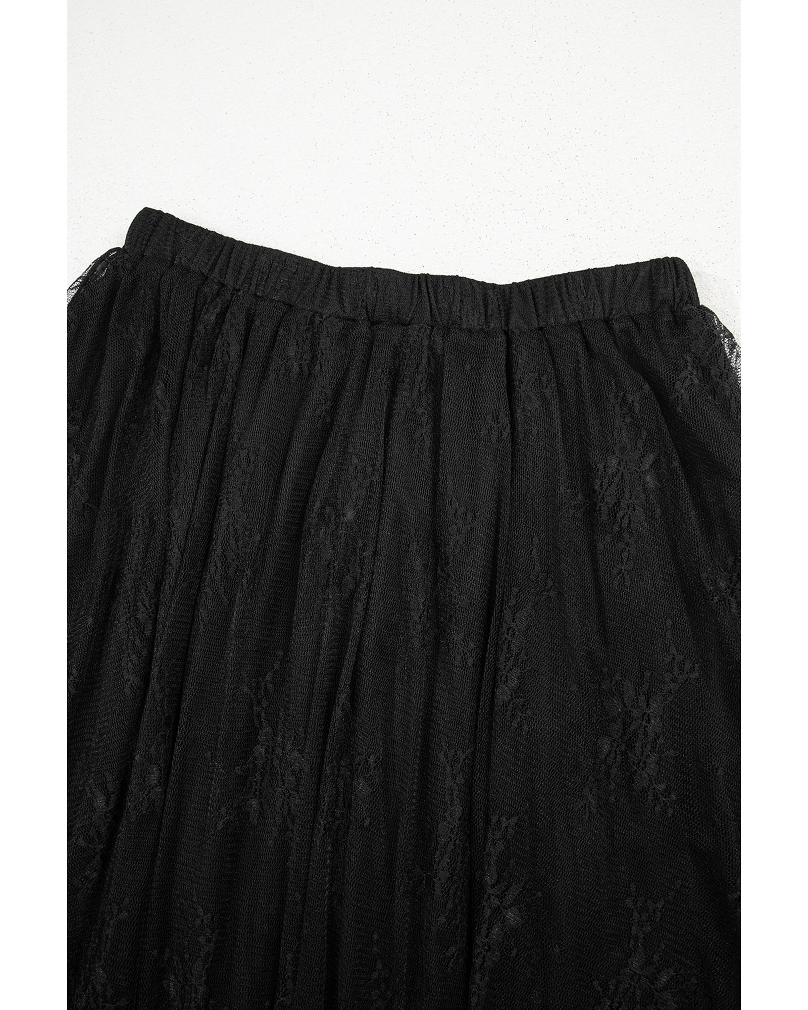 Black Lace Cascading Tiered High Waist Maxi Skirt - L 8