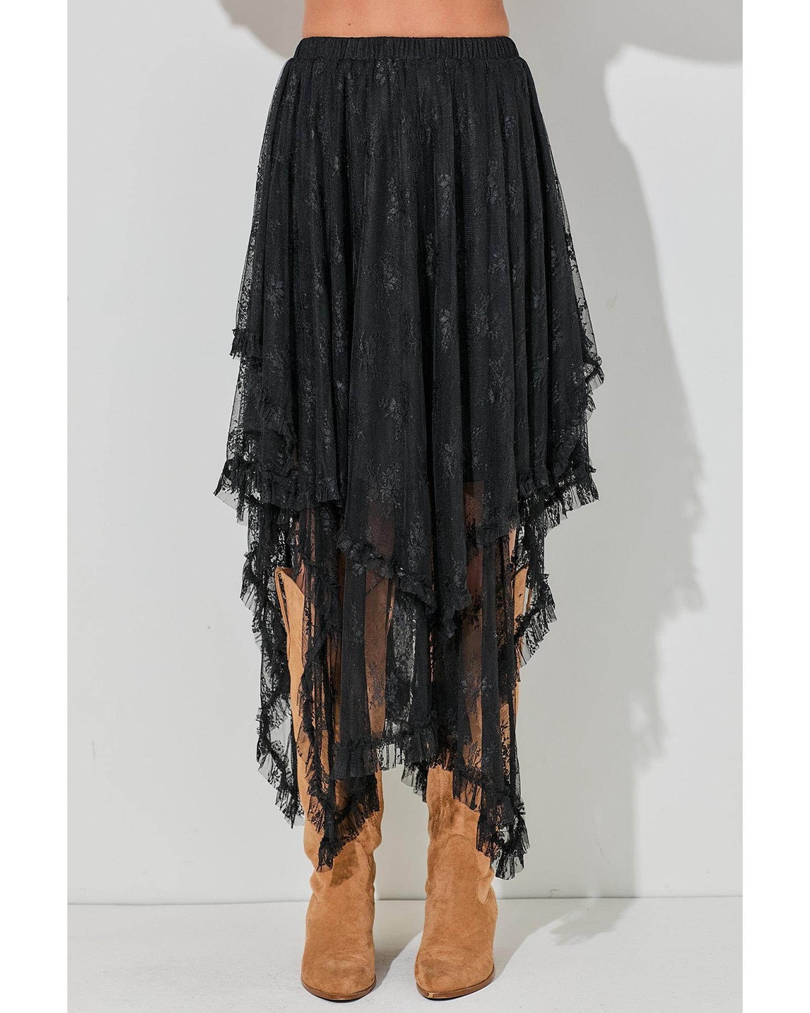 Black Lace Cascading Tiered High Waist Maxi Skirt - M