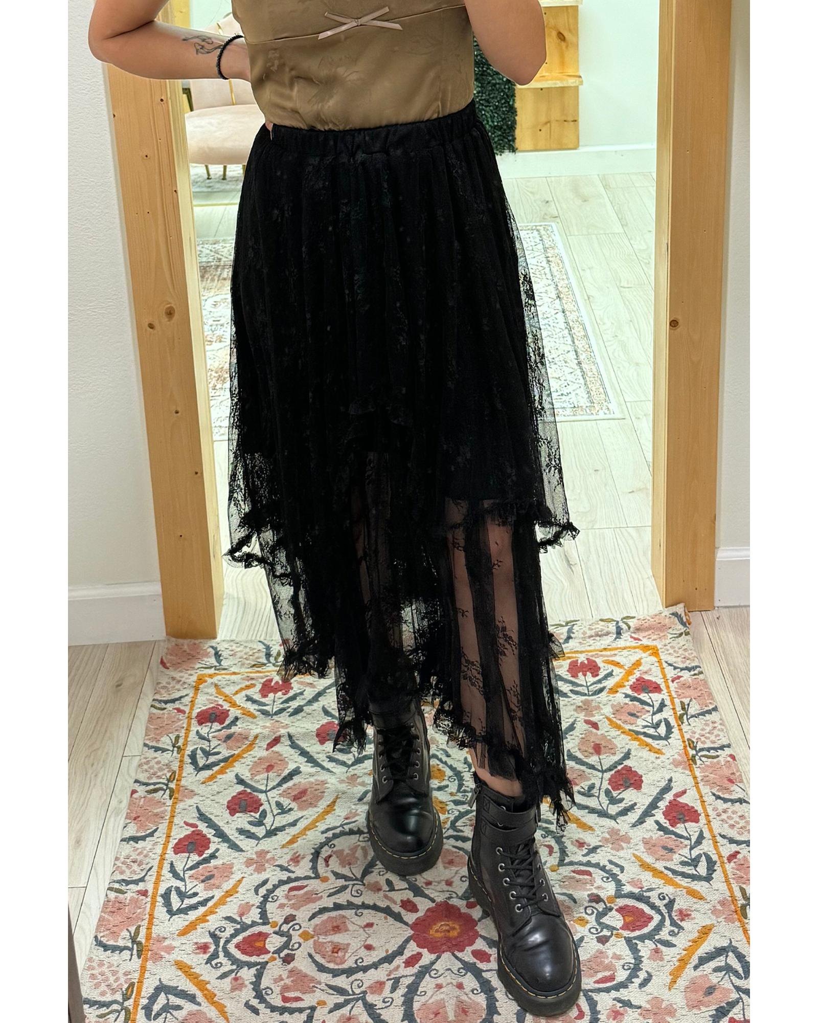 Black Lace Cascading Tiered High Waist Maxi Skirt - XL