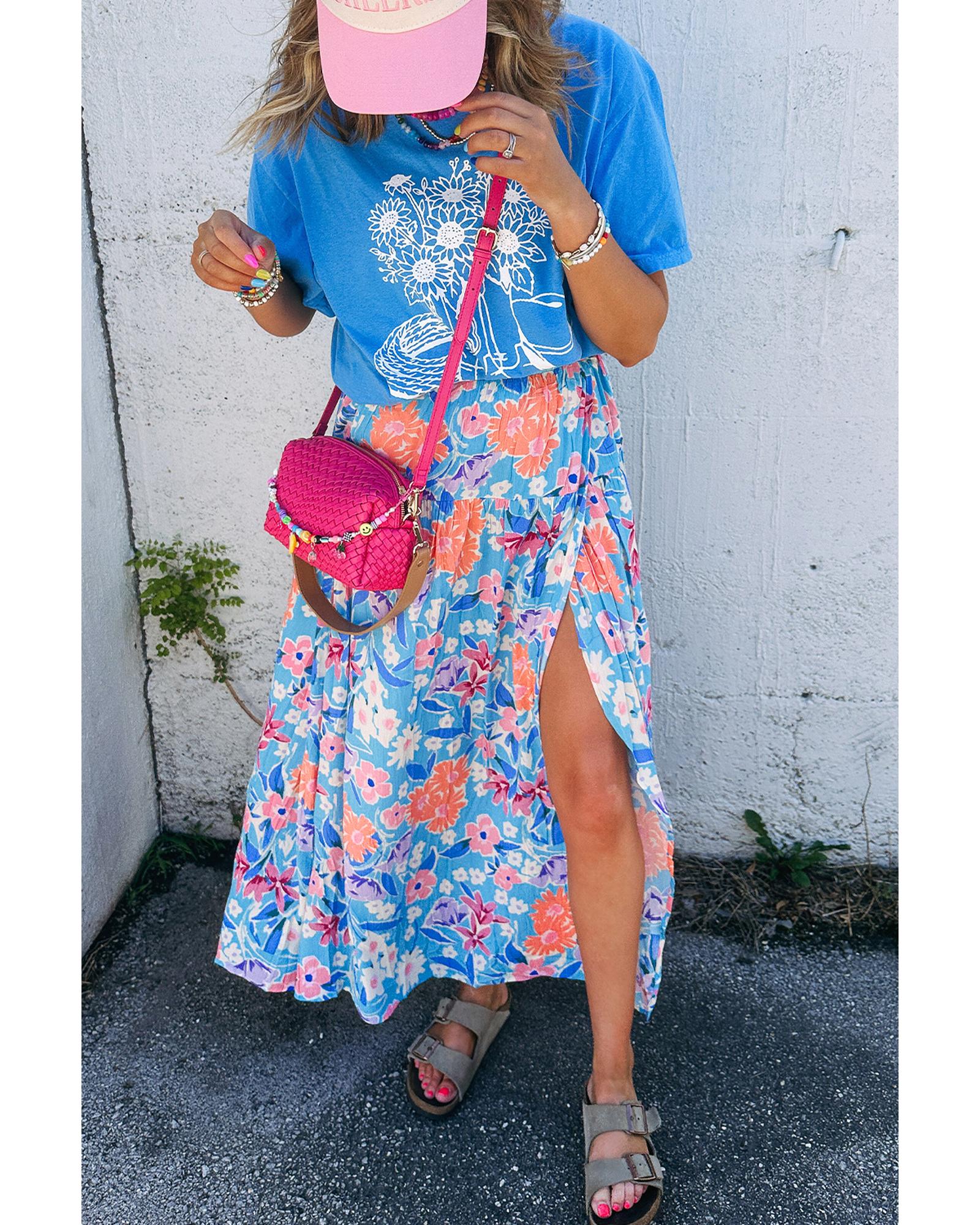 Sky Blue Floral Printed High Waist Split Wrap Long Skirt - L
