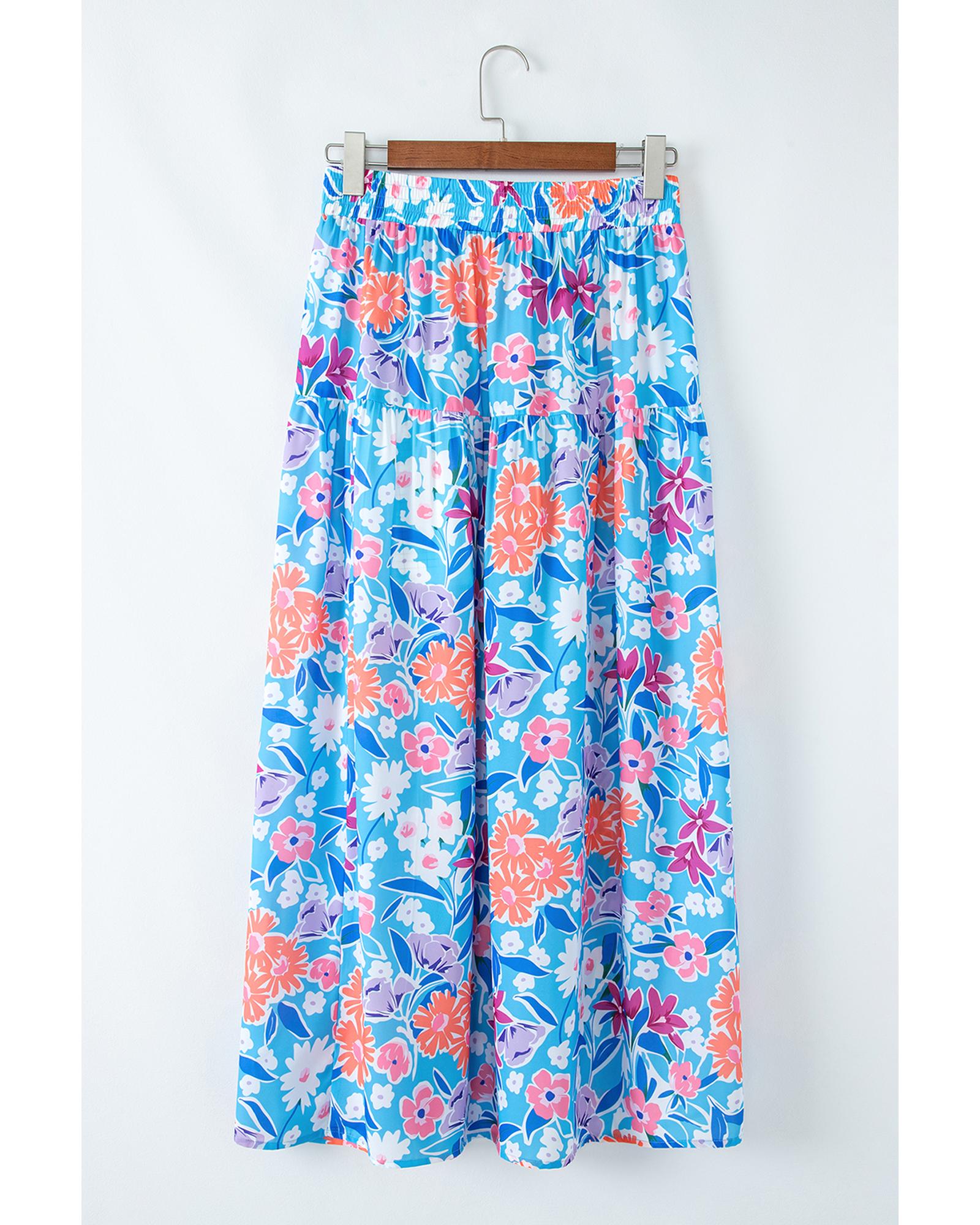 Sky Blue Floral Printed High Waist Split Wrap Long Skirt - L 4