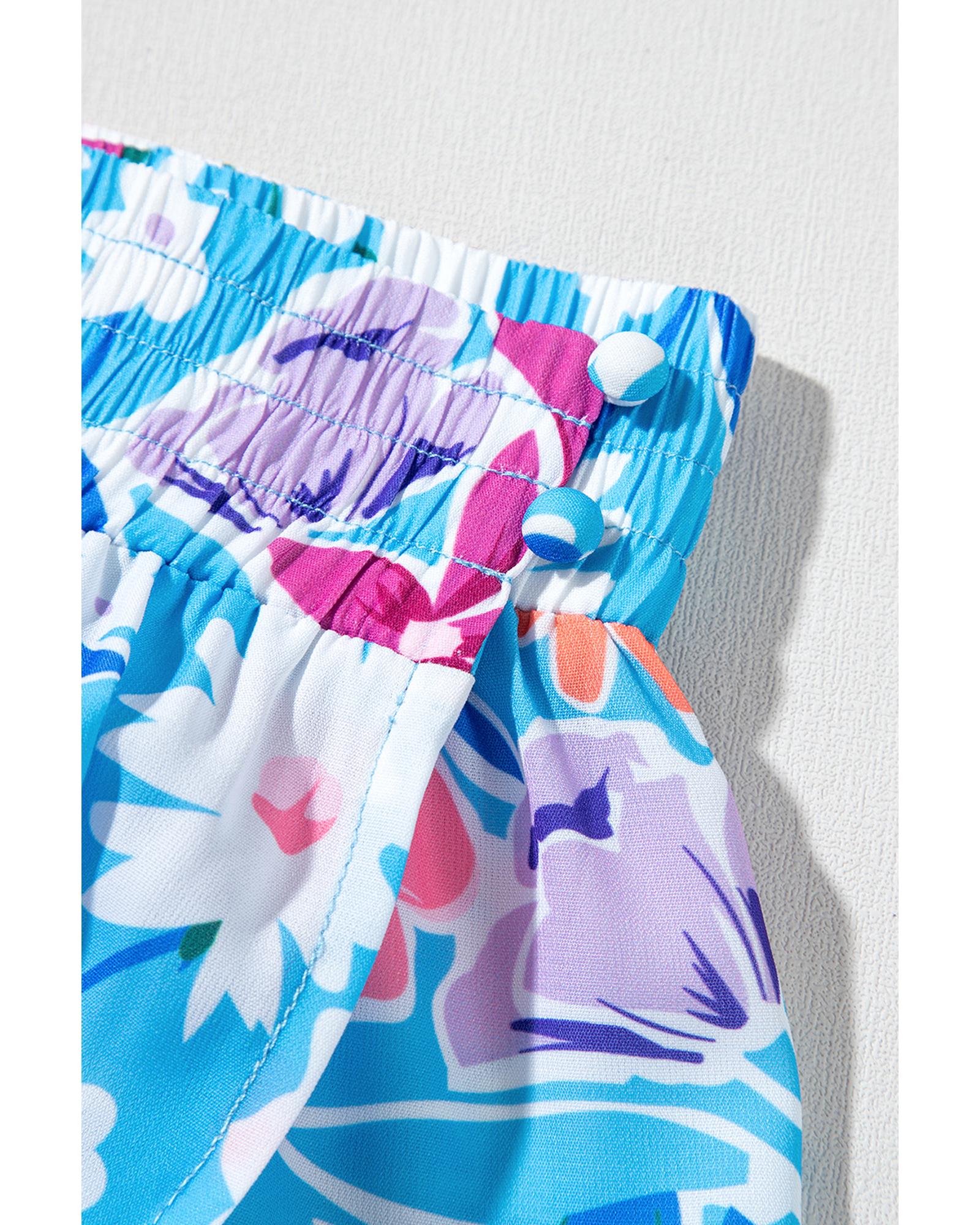 Sky Blue Floral Printed High Waist Split Wrap Long Skirt - L 5