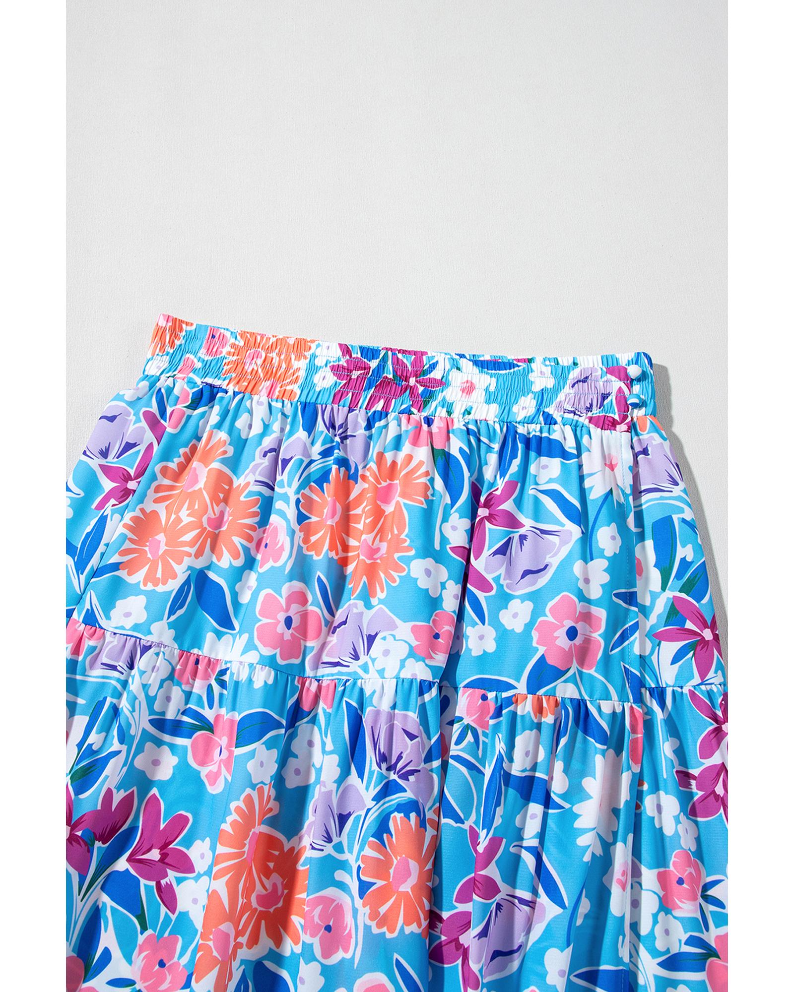 Sky Blue Floral Printed High Waist Split Wrap Long Skirt - L 7