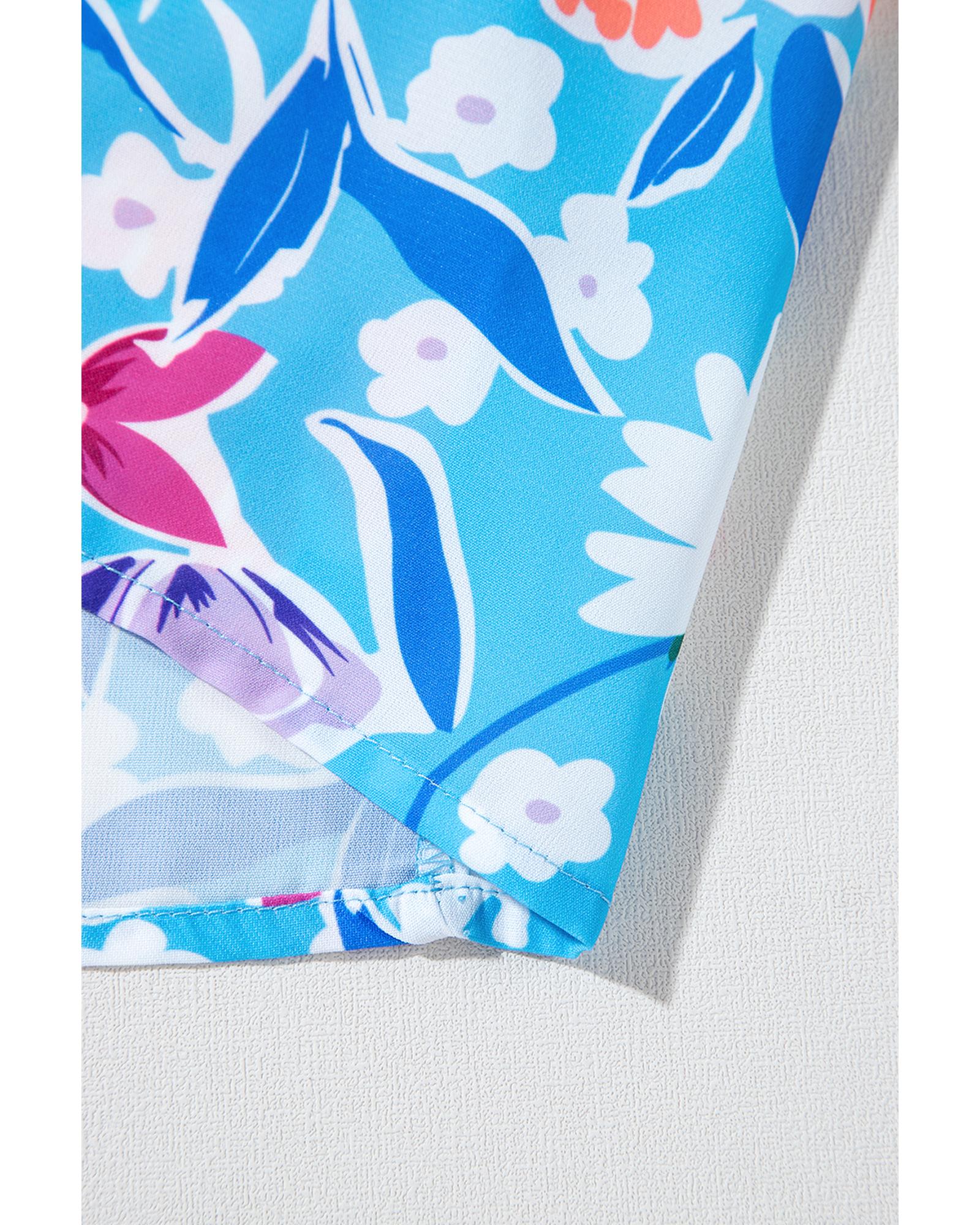 Sky Blue Floral Printed High Waist Split Wrap Long Skirt - M 6