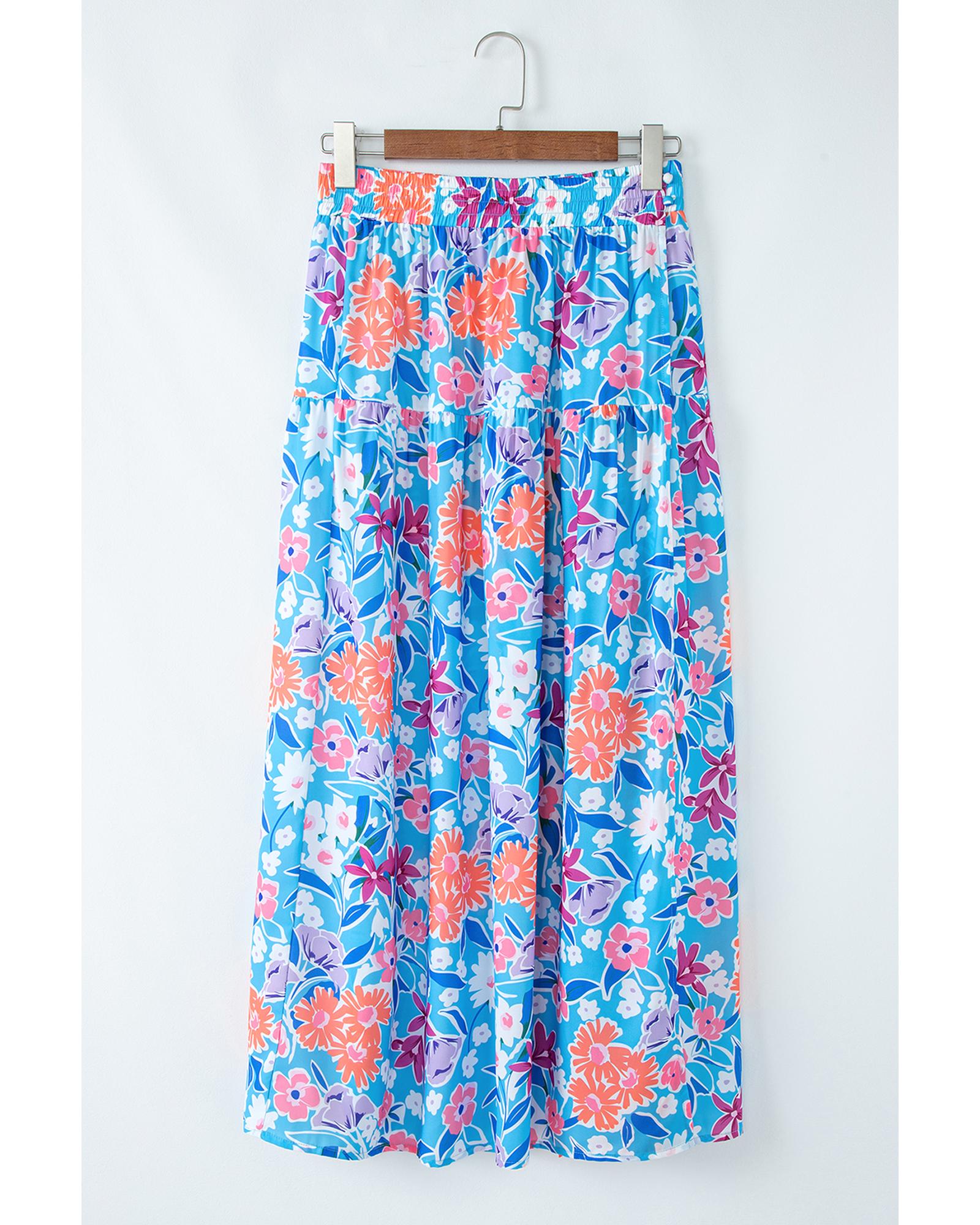 Sky Blue Floral Printed High Waist Split Wrap Long Skirt - XL 3