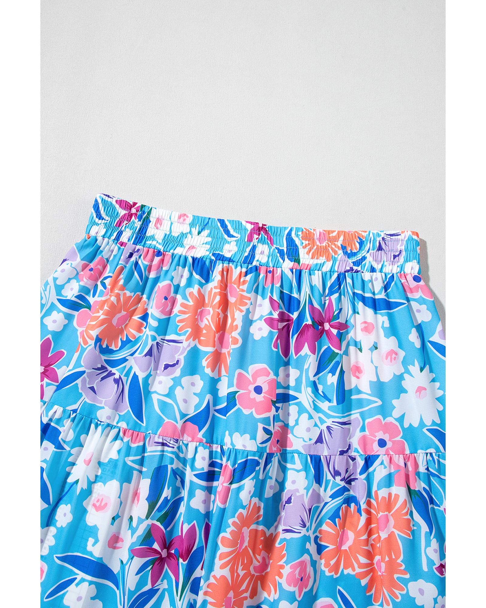 Sky Blue Floral Printed High Waist Split Wrap Long Skirt - XL 8