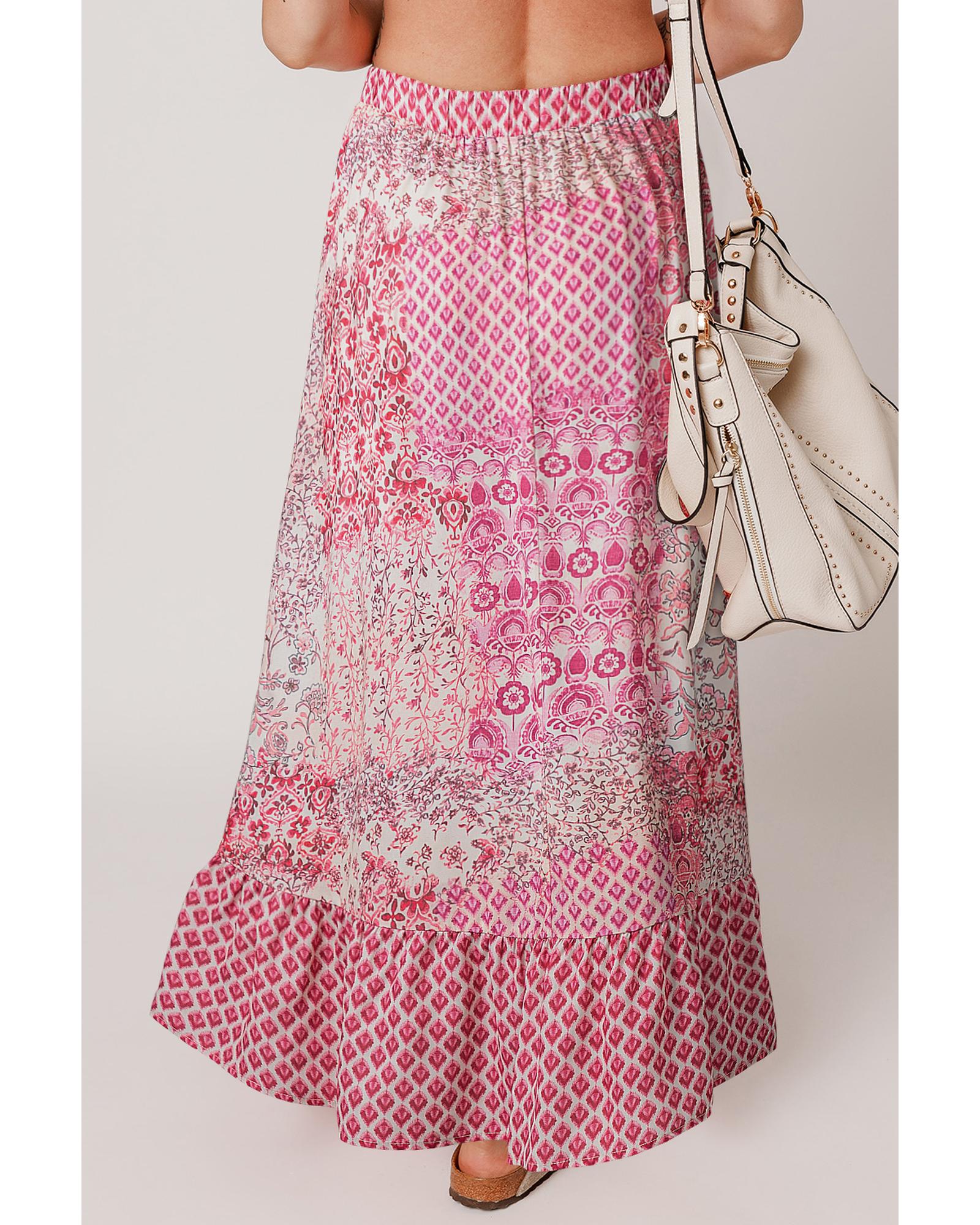 Red Boho Pattern Print Tassel Drawstring High Waist Maxi Dress - L
