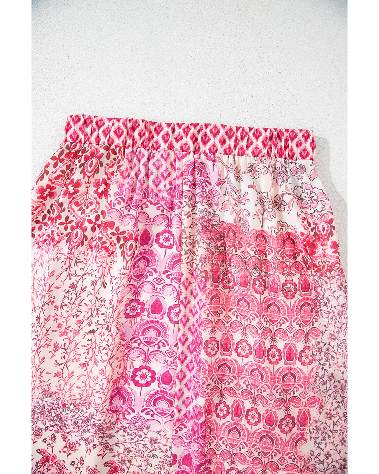 Red Boho Pattern Print Tassel Drawstring High Waist Maxi Dress - L 6
