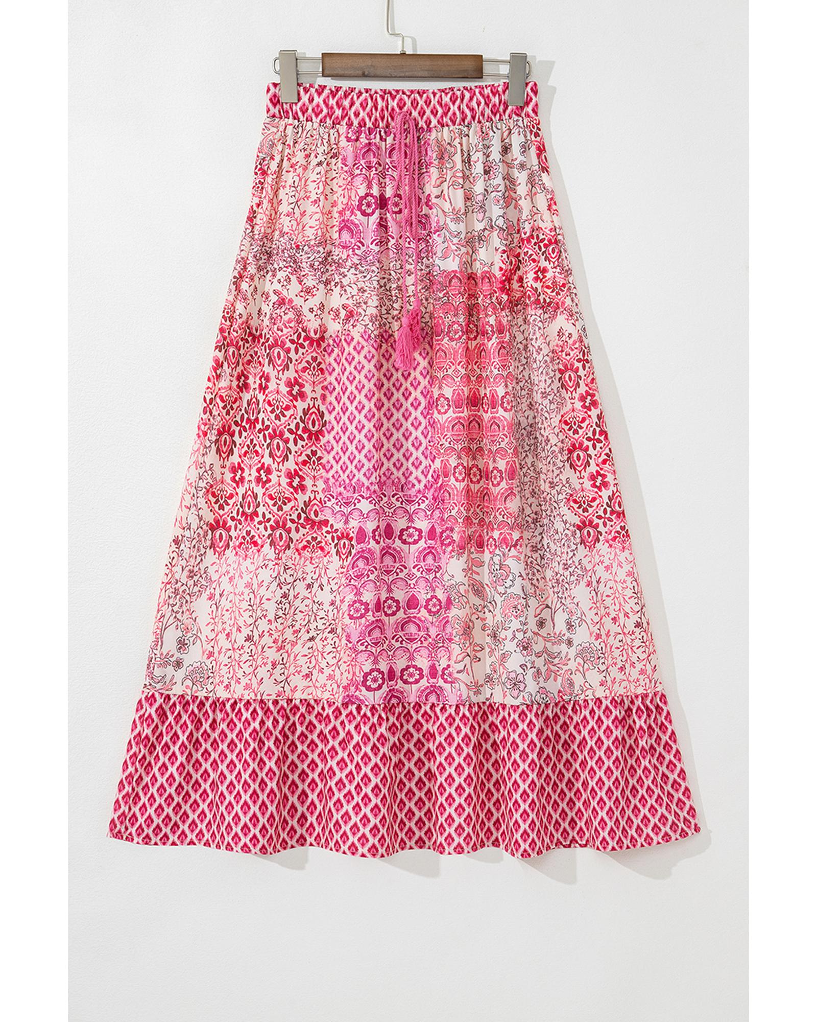 Red Boho Pattern Print Tassel Drawstring High Waist Maxi Dress - M 3