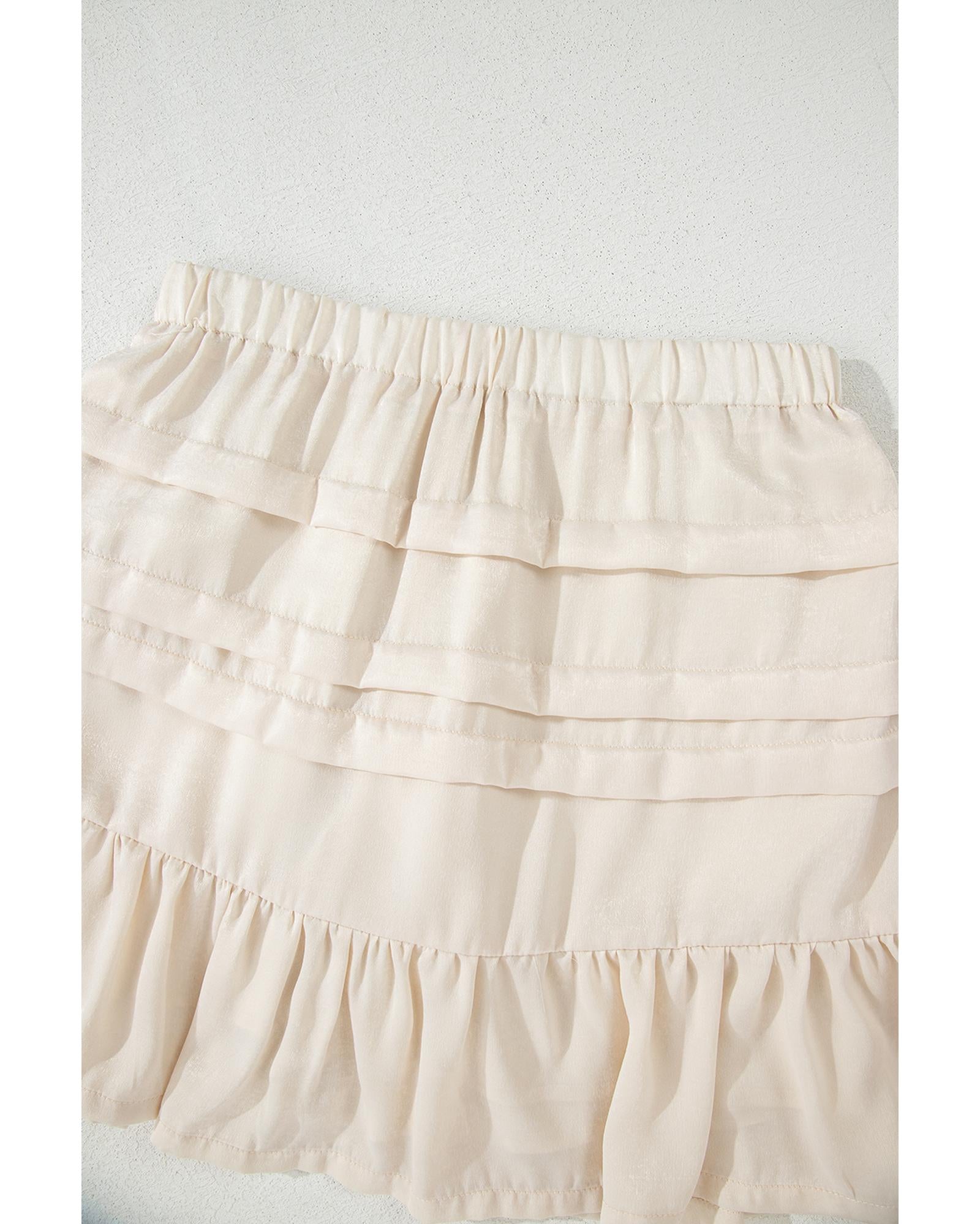 Beige Tiered Ruffled Hemline Elastic Waist Mini Skirt - M 7