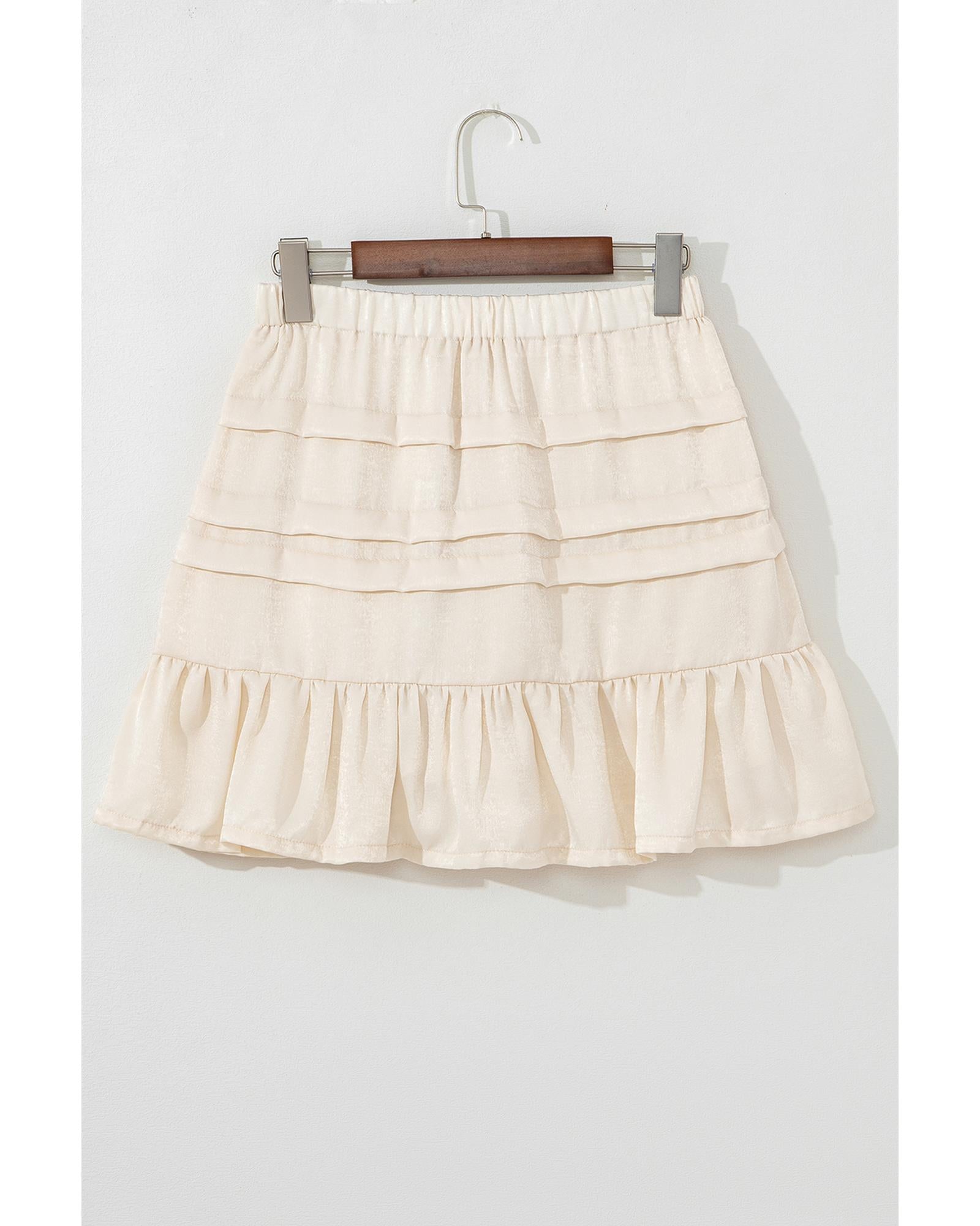 Beige Tiered Ruffled Hemline Elastic Waist Mini Skirt - S 6