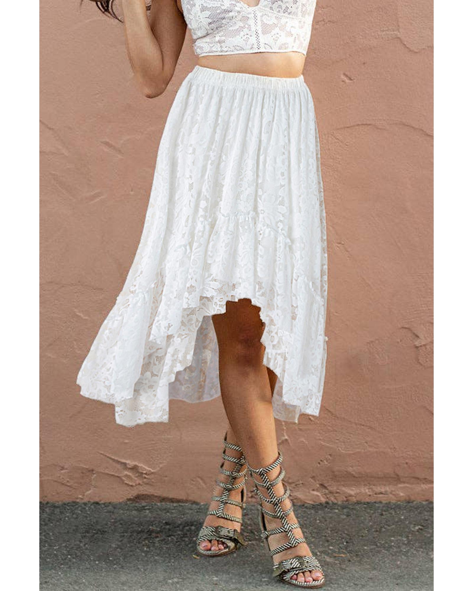 White Lace Ruffled High-low Hem Midi Skirt - L