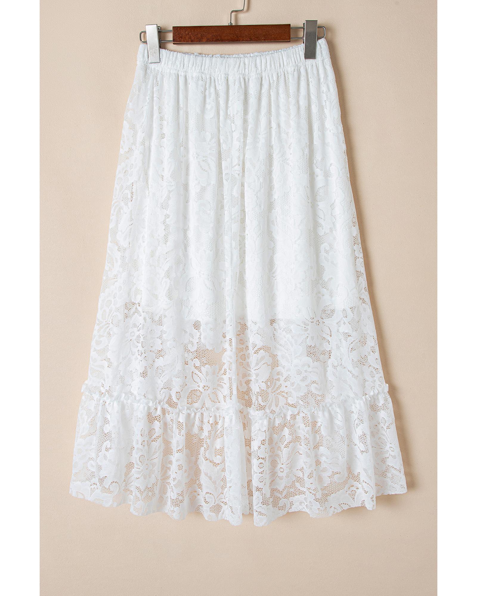 White Lace Ruffled High-low Hem Midi Skirt - L 4