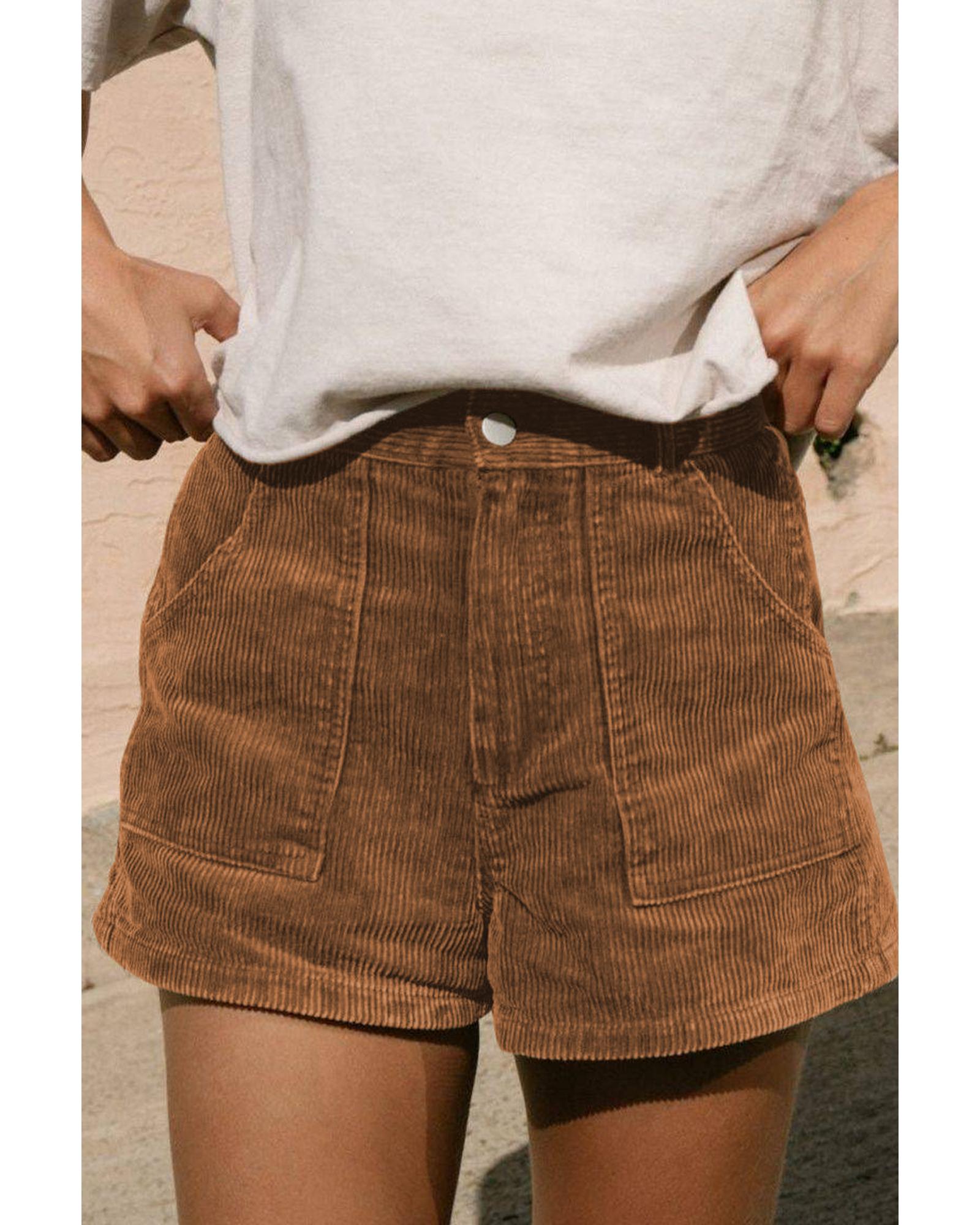 Brown Vintage Elastic Waist Back Pocketed Corduroy Shorts - 16 US