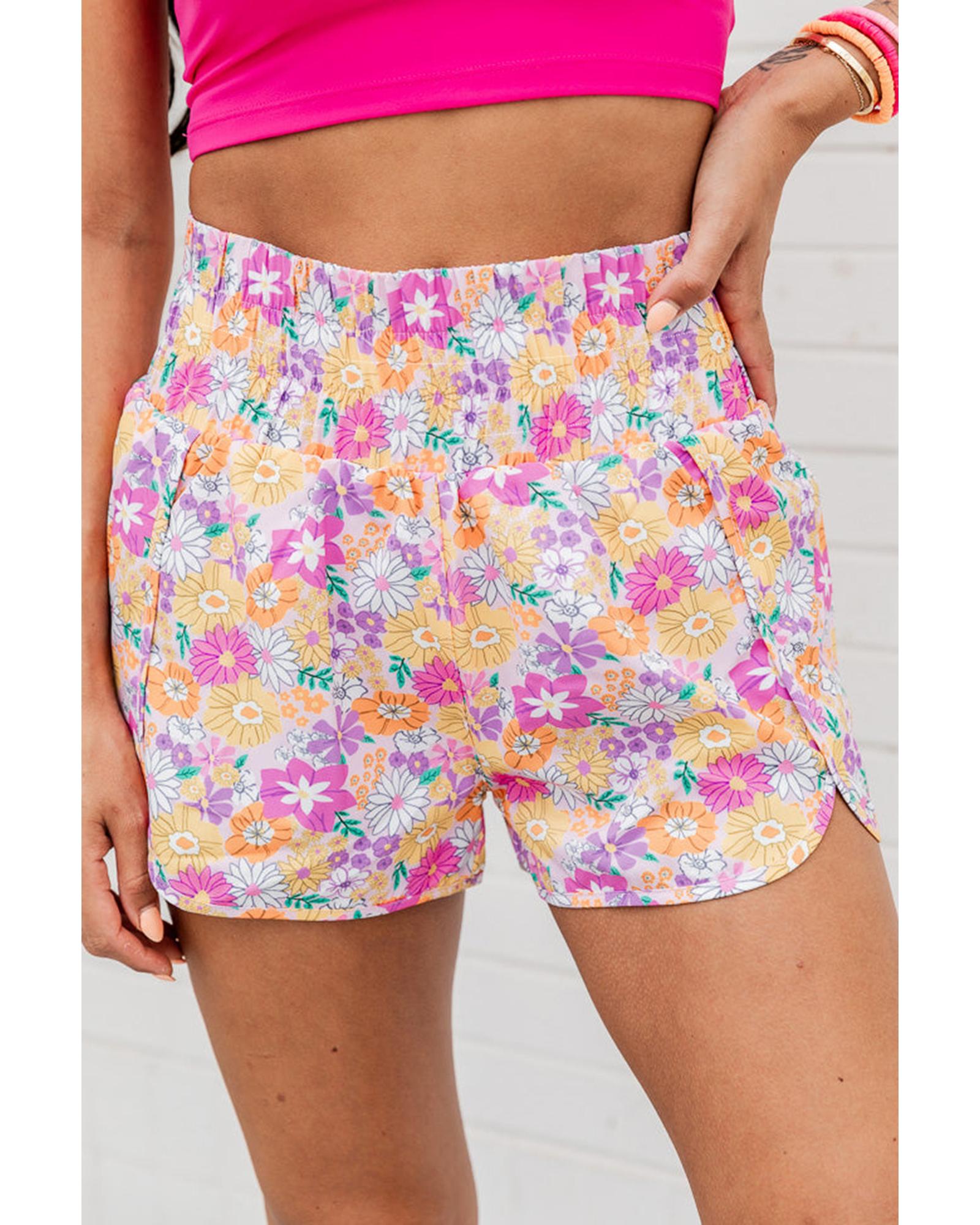 Pink Boho Floral Shirred High Waist Casual Shorts - L 4