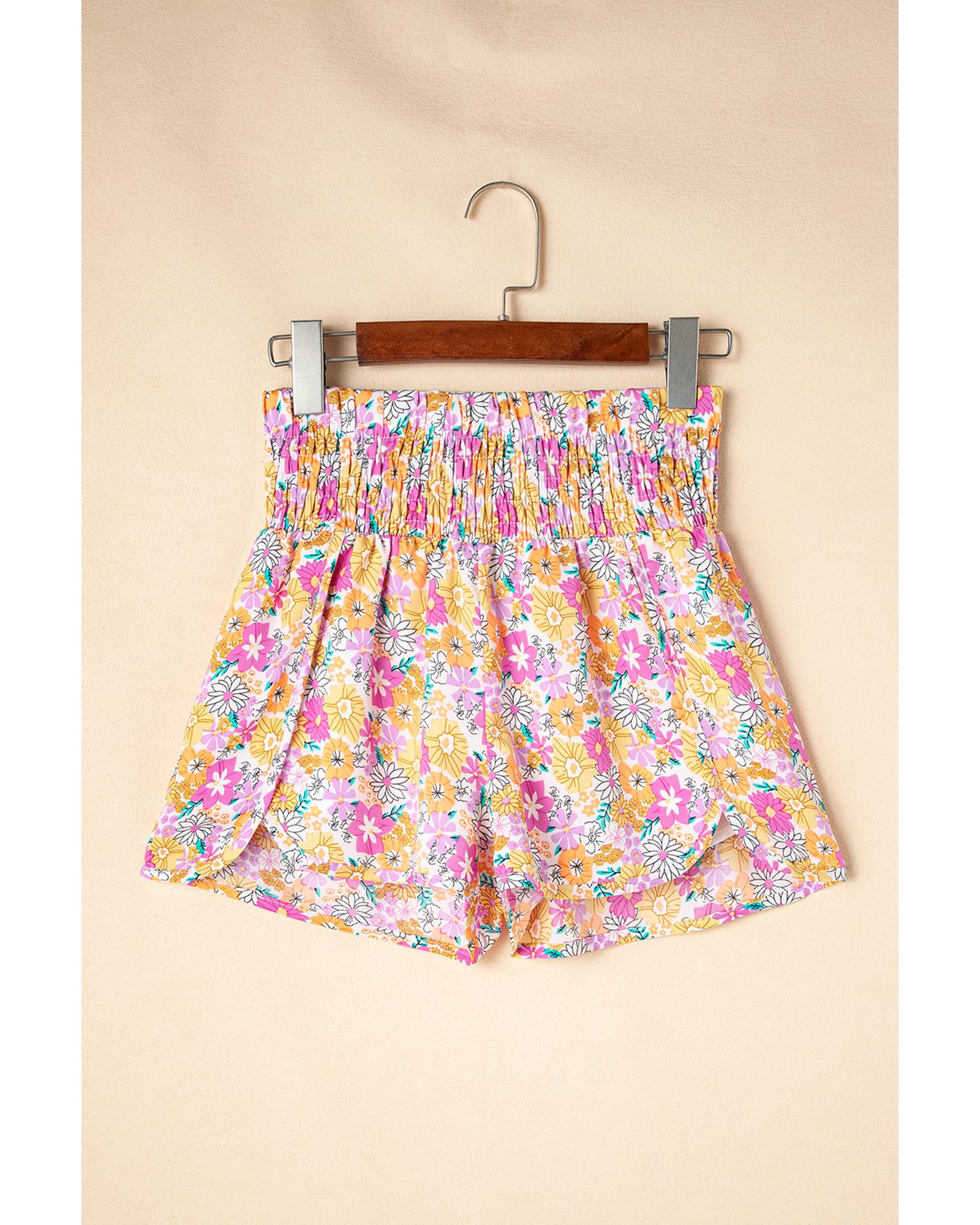 Pink Boho Floral Shirred High Waist Casual Shorts - L 5