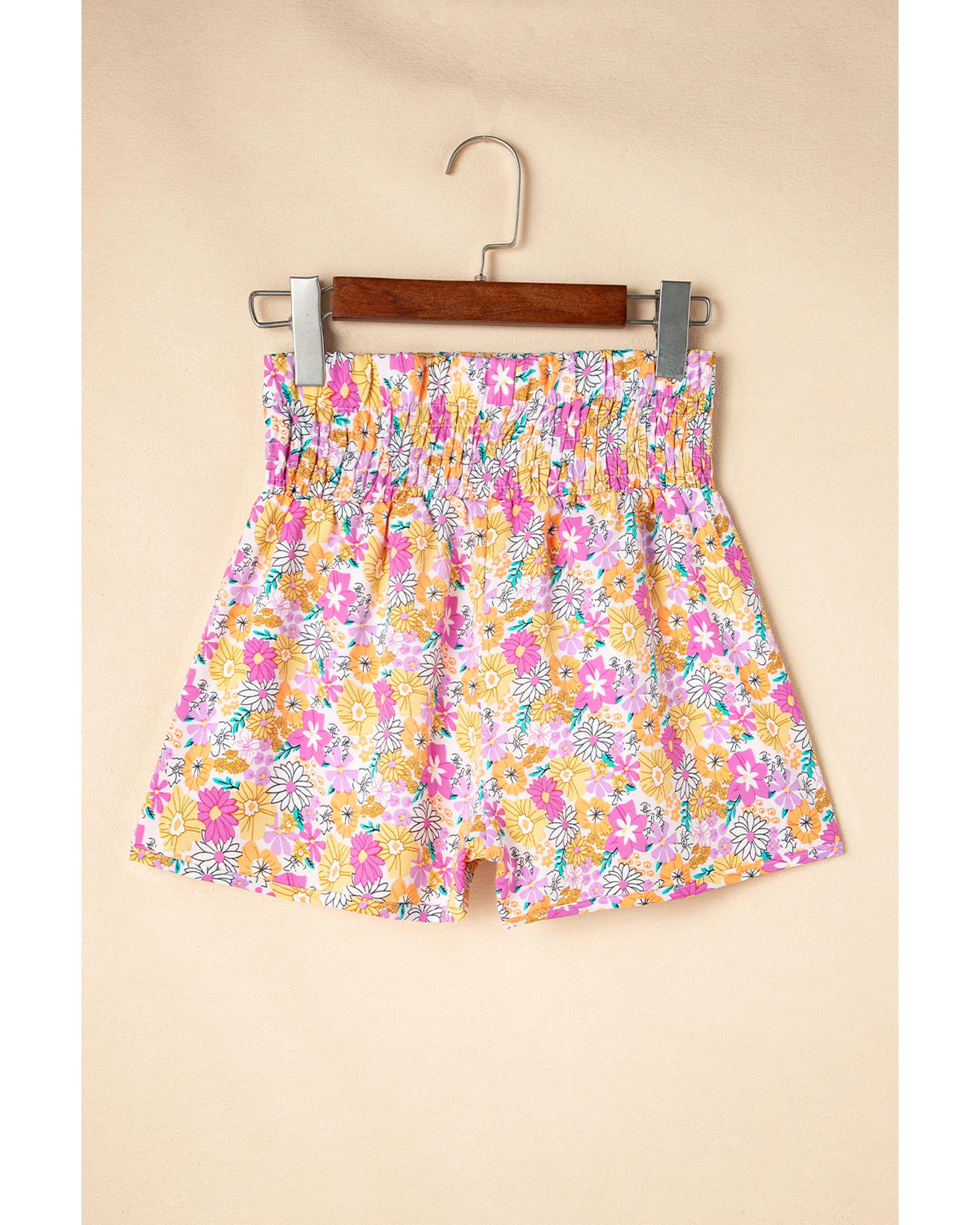 Pink Boho Floral Shirred High Waist Casual Shorts - L 6