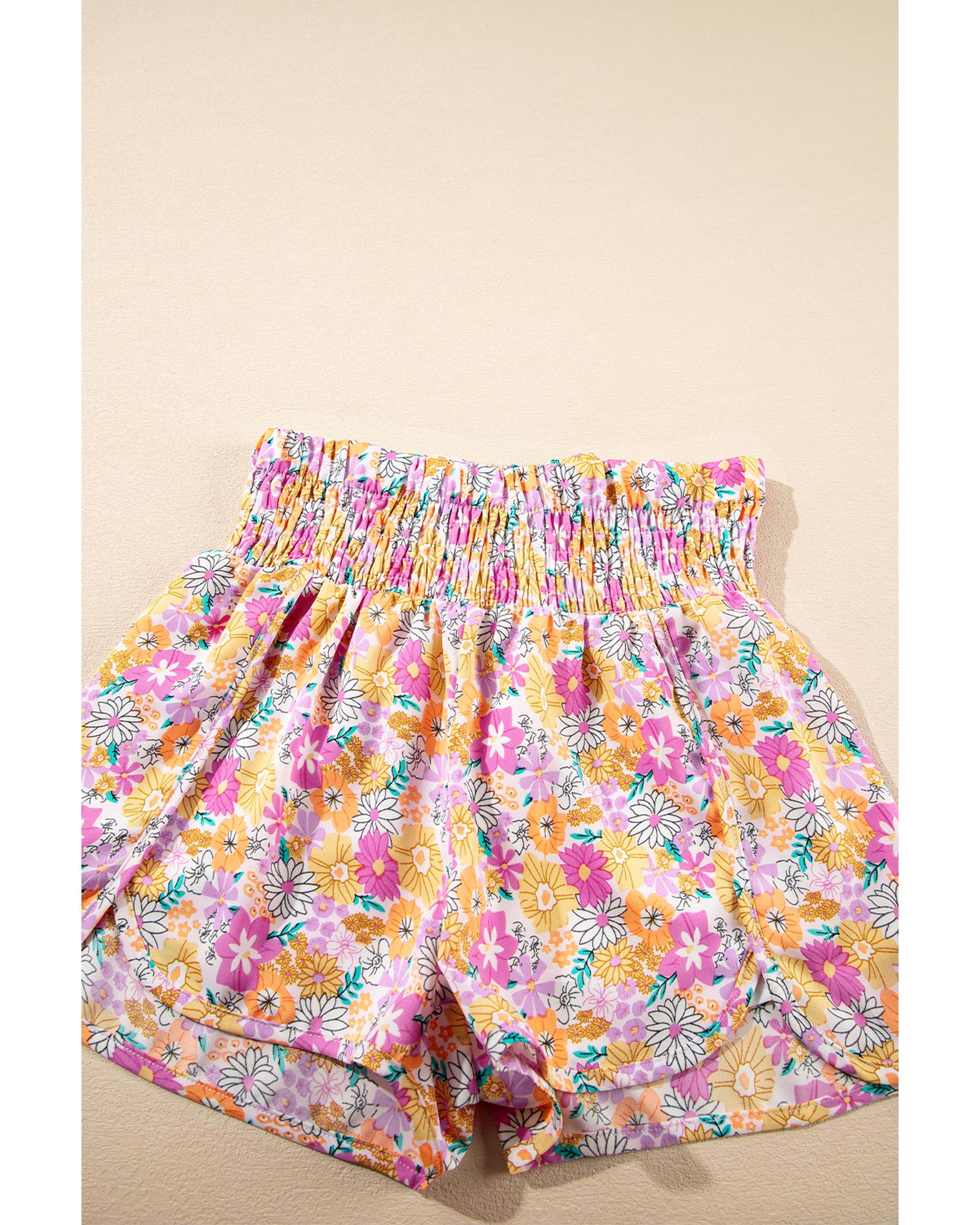Pink Boho Floral Shirred High Waist Casual Shorts - L 7