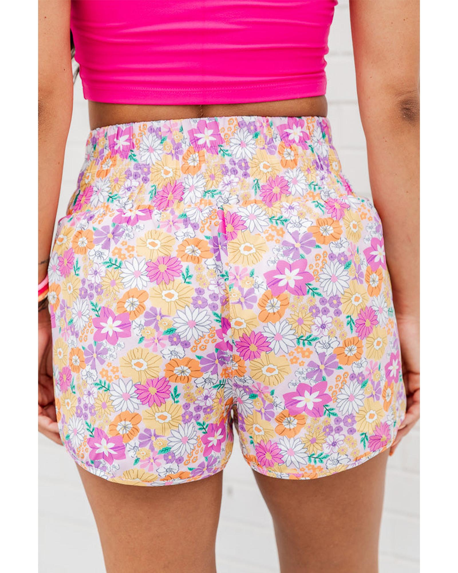 Pink Boho Floral Shirred High Waist Casual Shorts - M