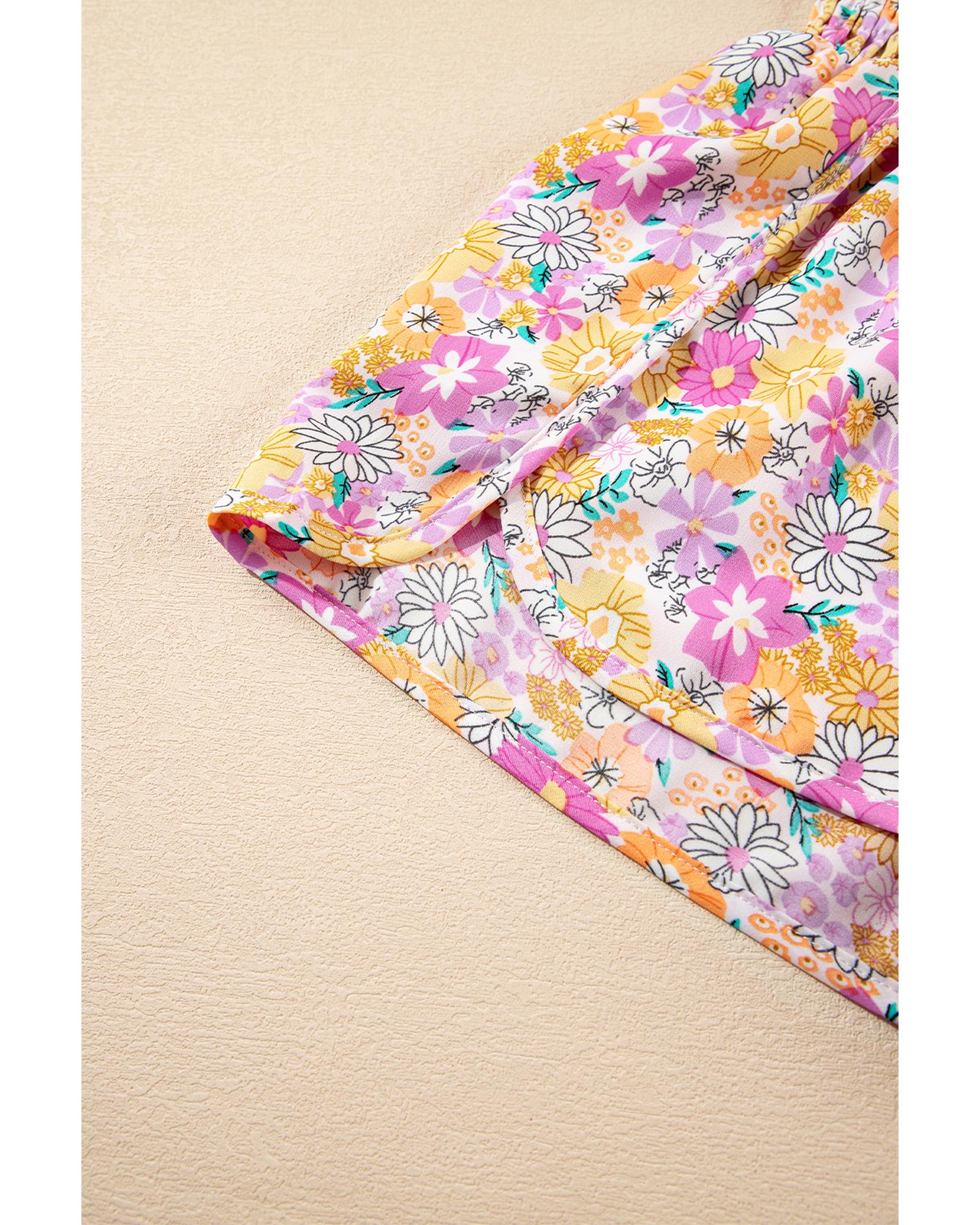 Pink Boho Floral Shirred High Waist Casual Shorts - M 8