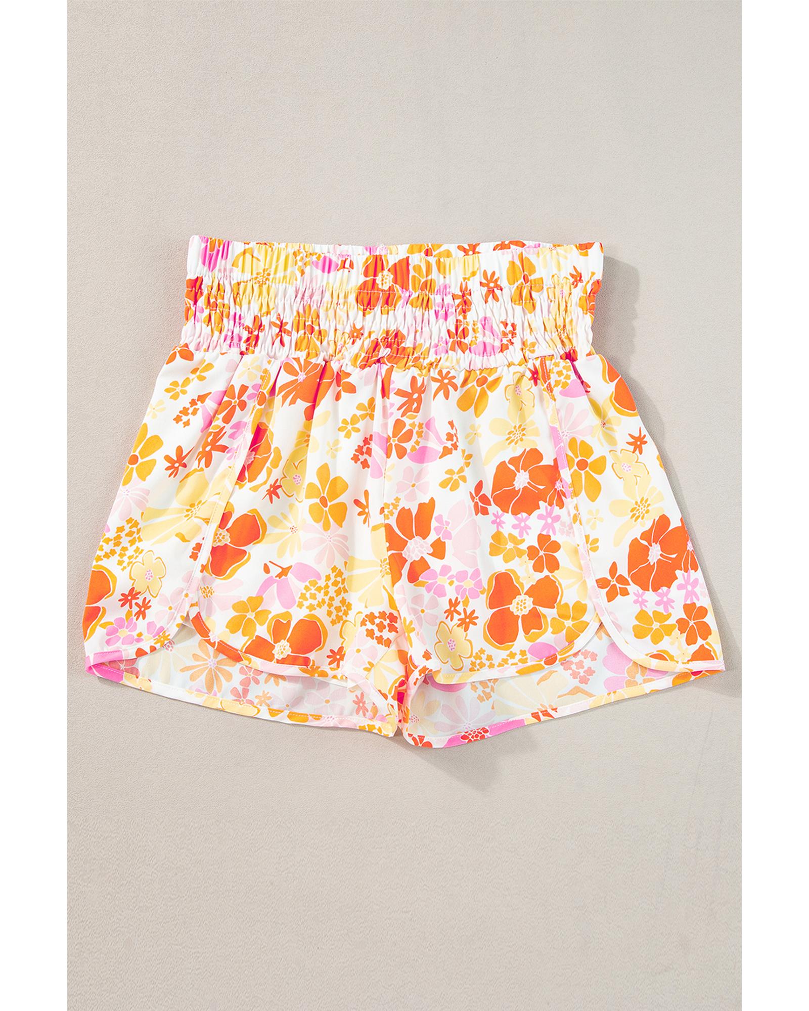 Orange Boho Floral Shirred High Waist Casual Shorts - L 4