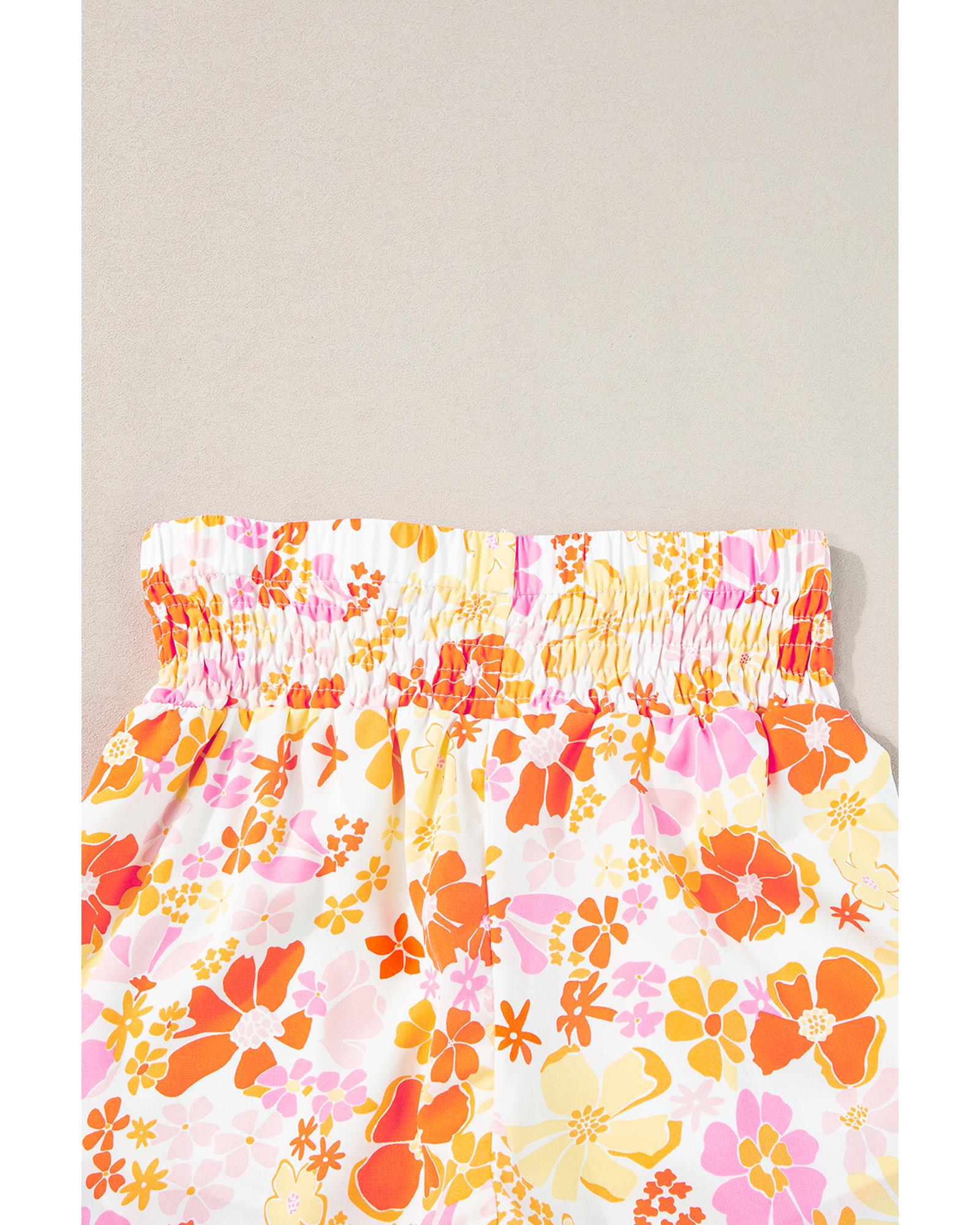 Orange Boho Floral Shirred High Waist Casual Shorts - L 8