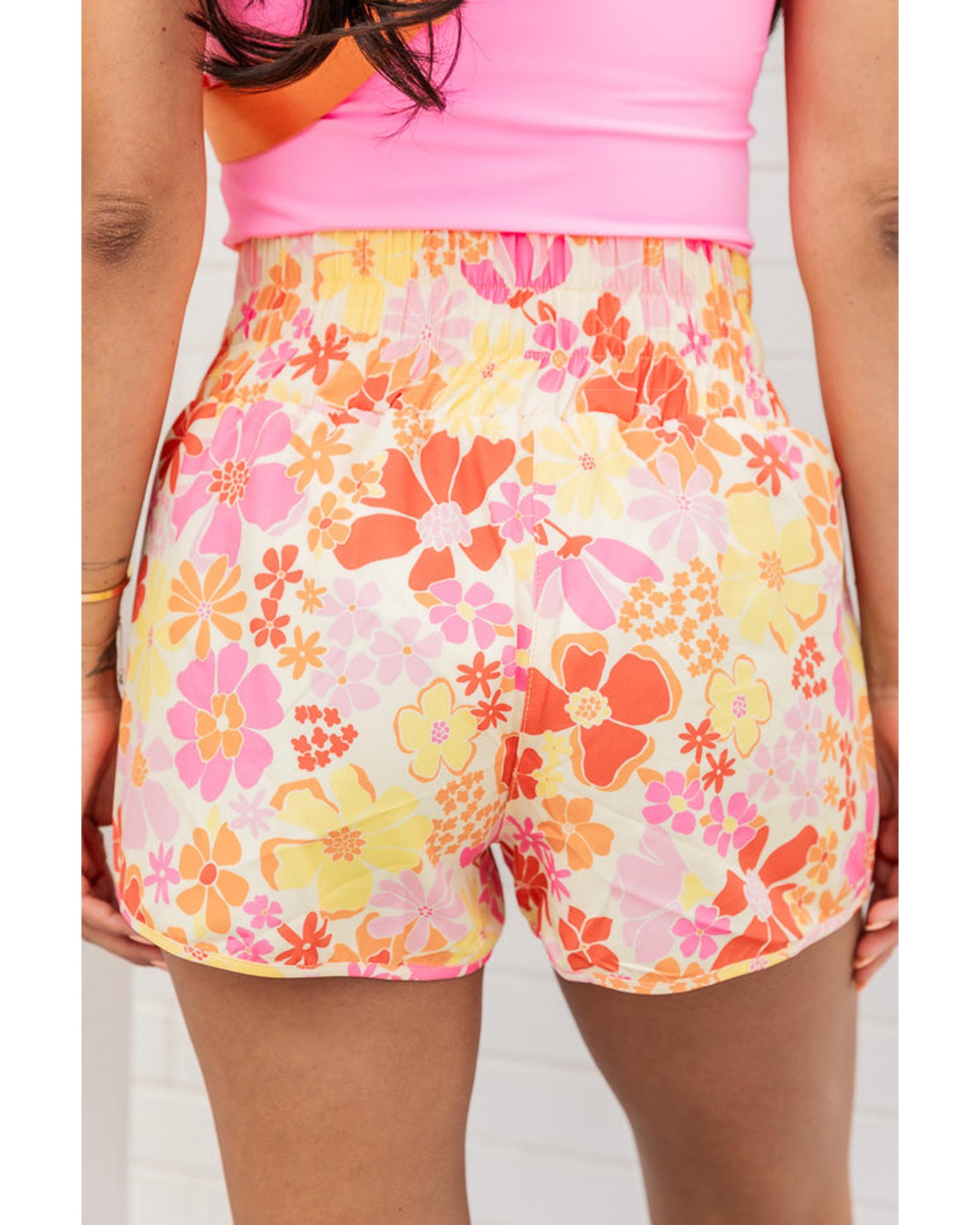 Orange Boho Floral Shirred High Waist Casual Shorts - M