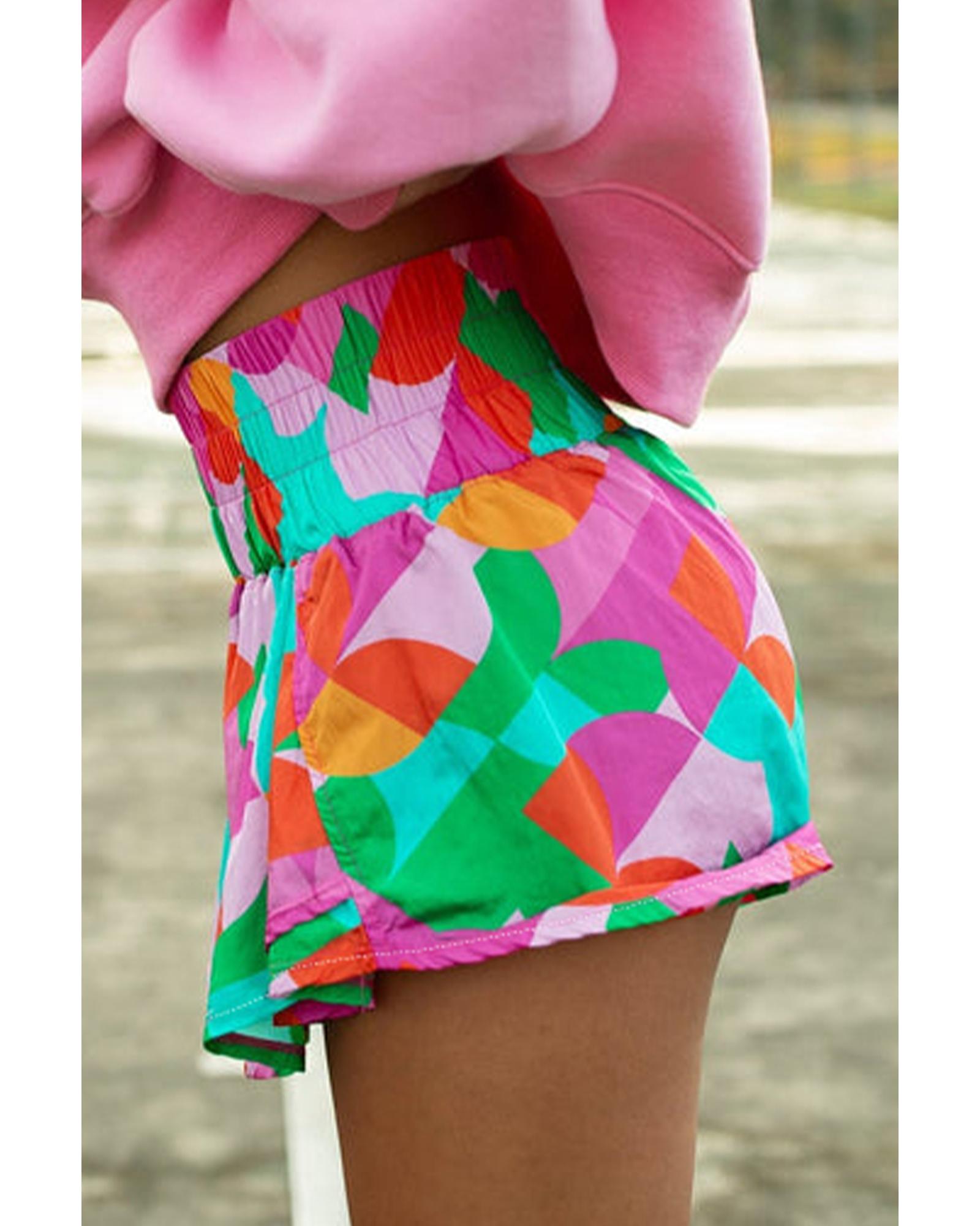 Green Abstract Print Smock Waist Casual Shorts - L
