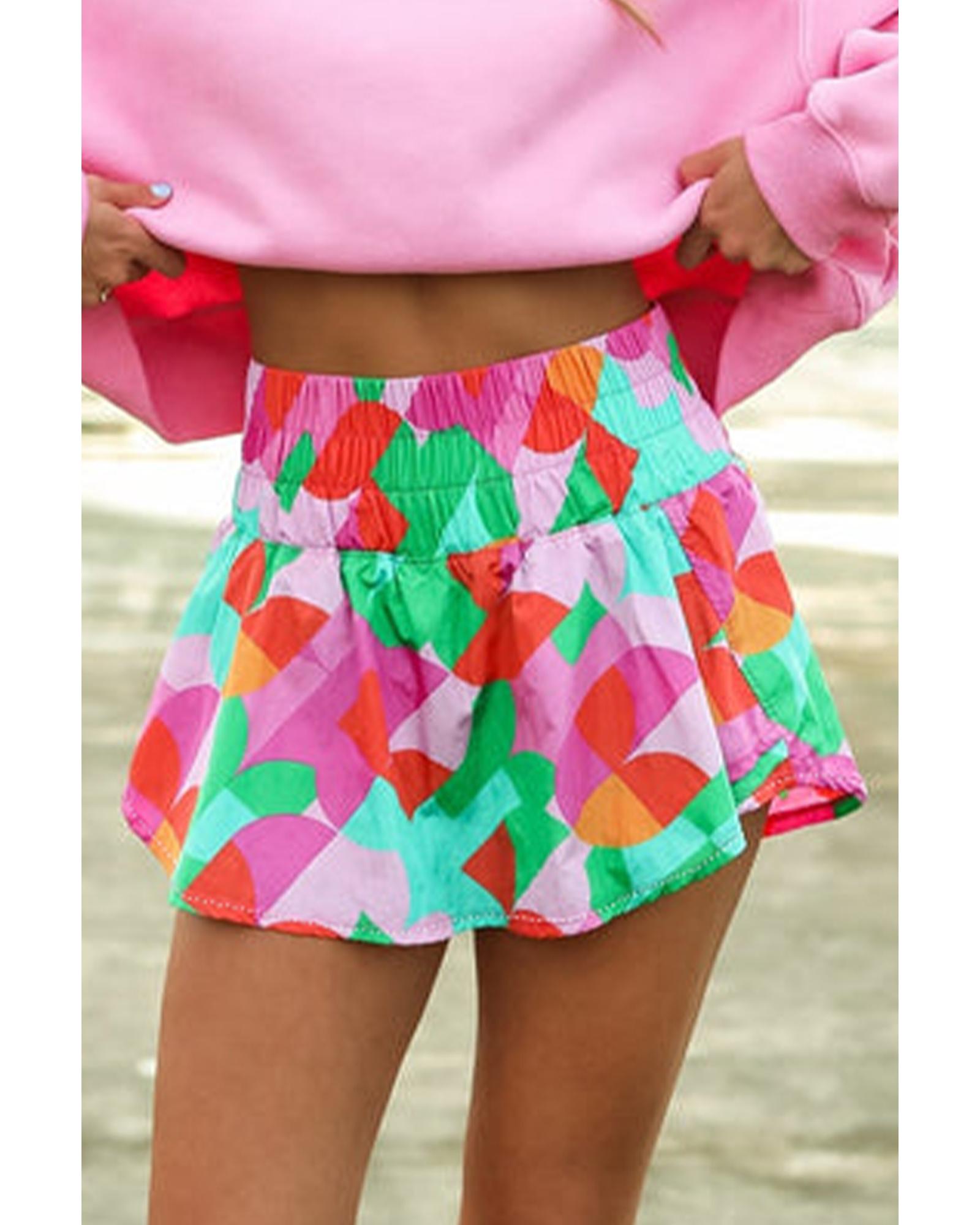 Green Abstract Print Smock Waist Casual Shorts - L 3