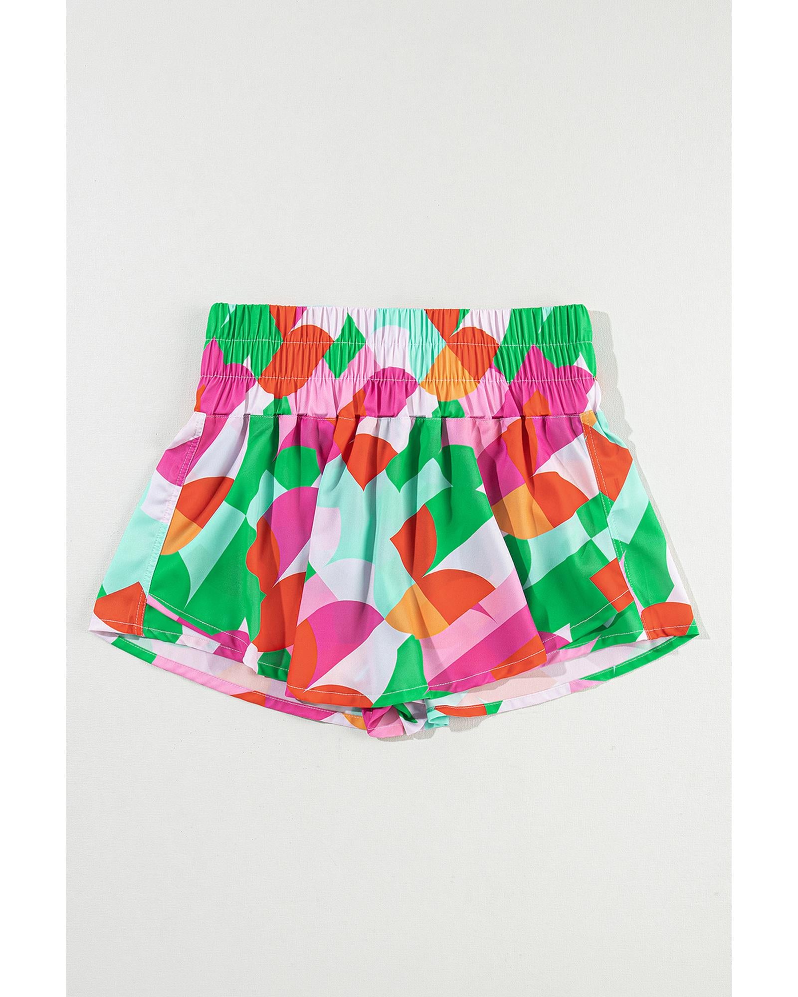 Green Abstract Print Smock Waist Casual Shorts - L 7