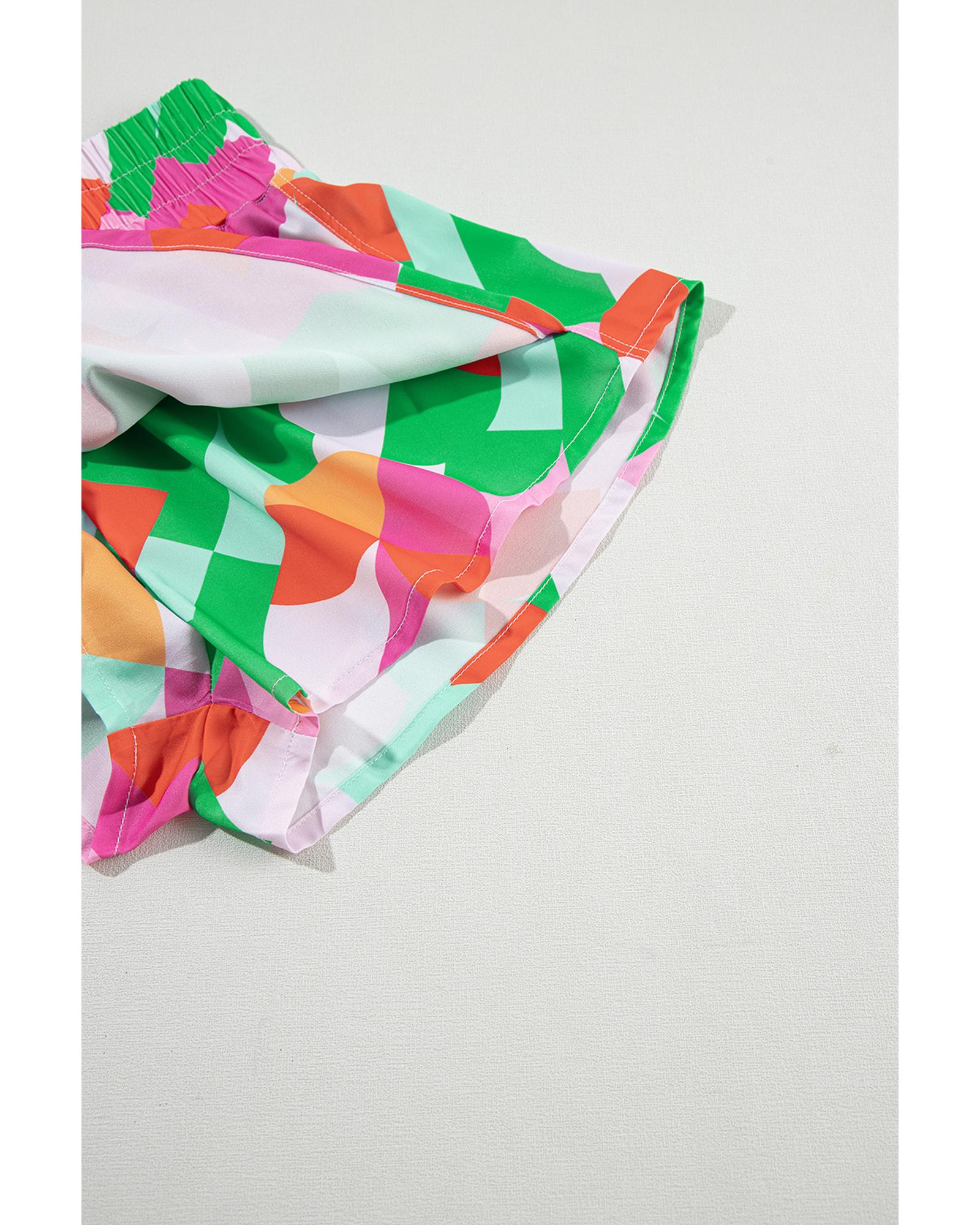 Green Abstract Print Smock Waist Casual Shorts - L 8
