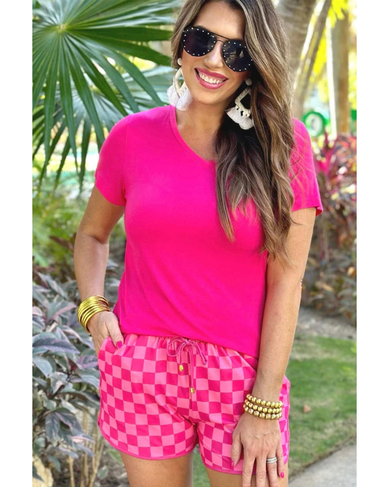 Rose Checkered Drawstring Elastic Waist Casual Shorts - L
