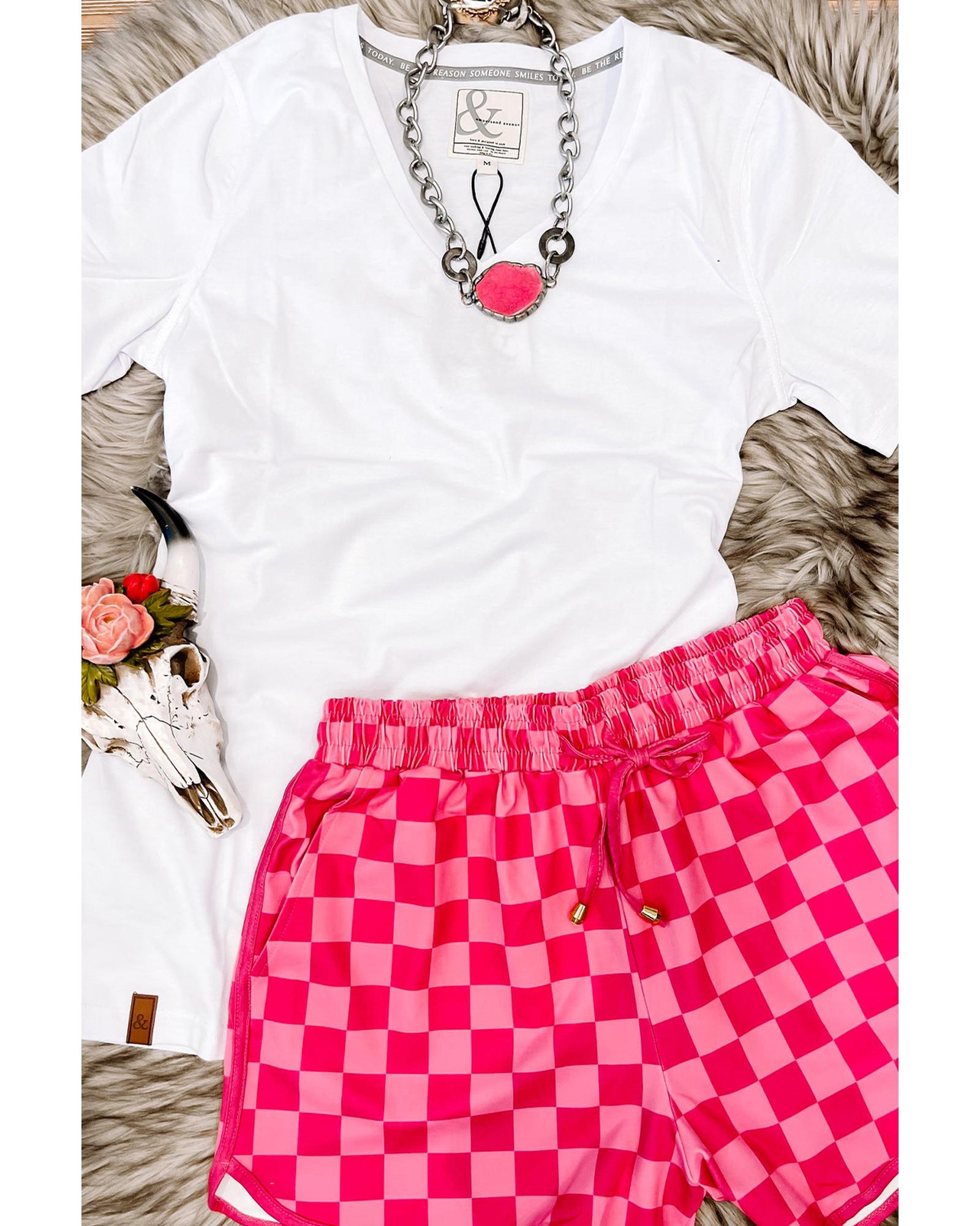 Rose Checkered Drawstring Elastic Waist Casual Shorts - M 4