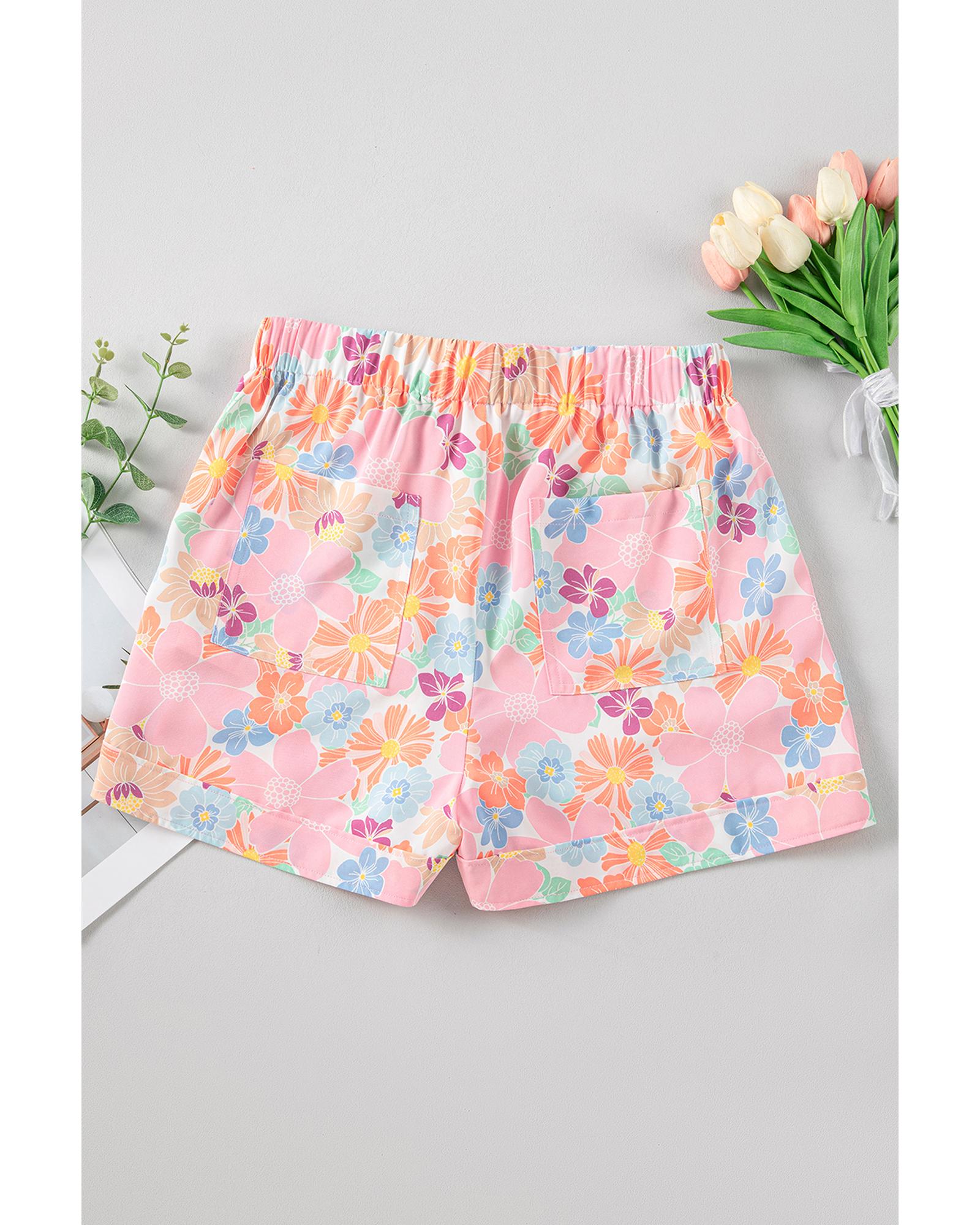 Pink Floral Print Side Pockets Drawstring Casual Shorts - L