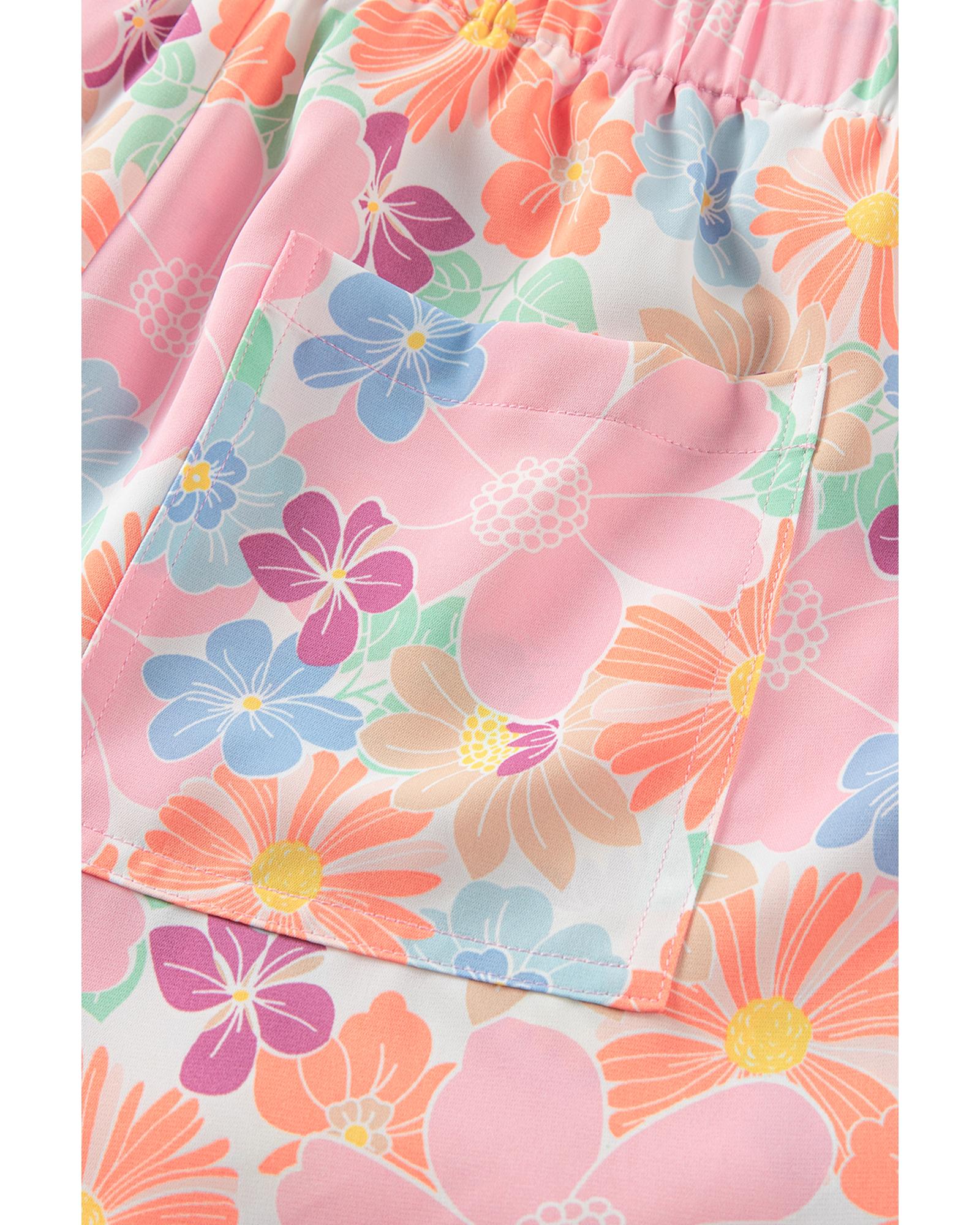 Pink Floral Print Side Pockets Drawstring Casual Shorts - L 4