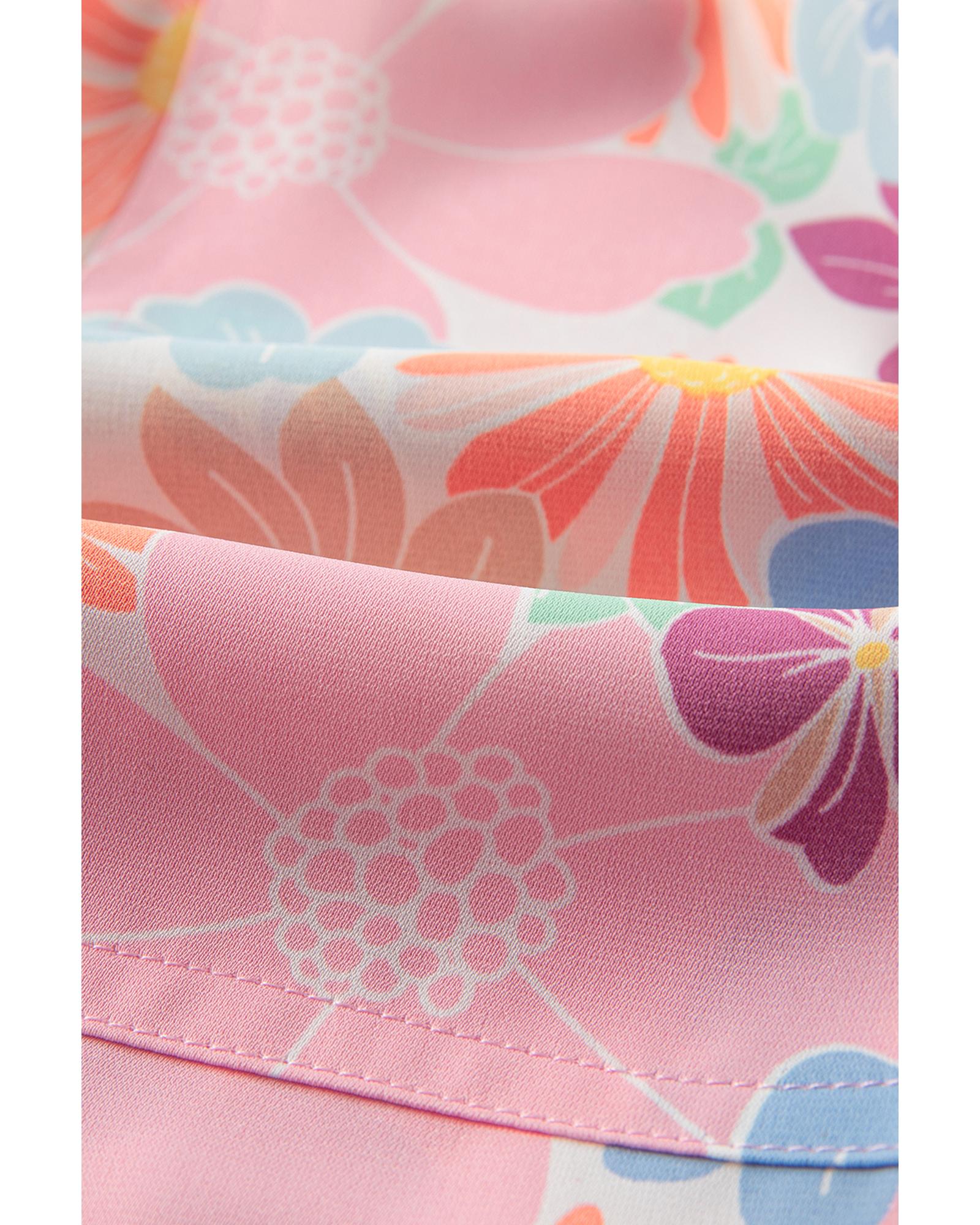 Pink Floral Print Side Pockets Drawstring Casual Shorts - L 5